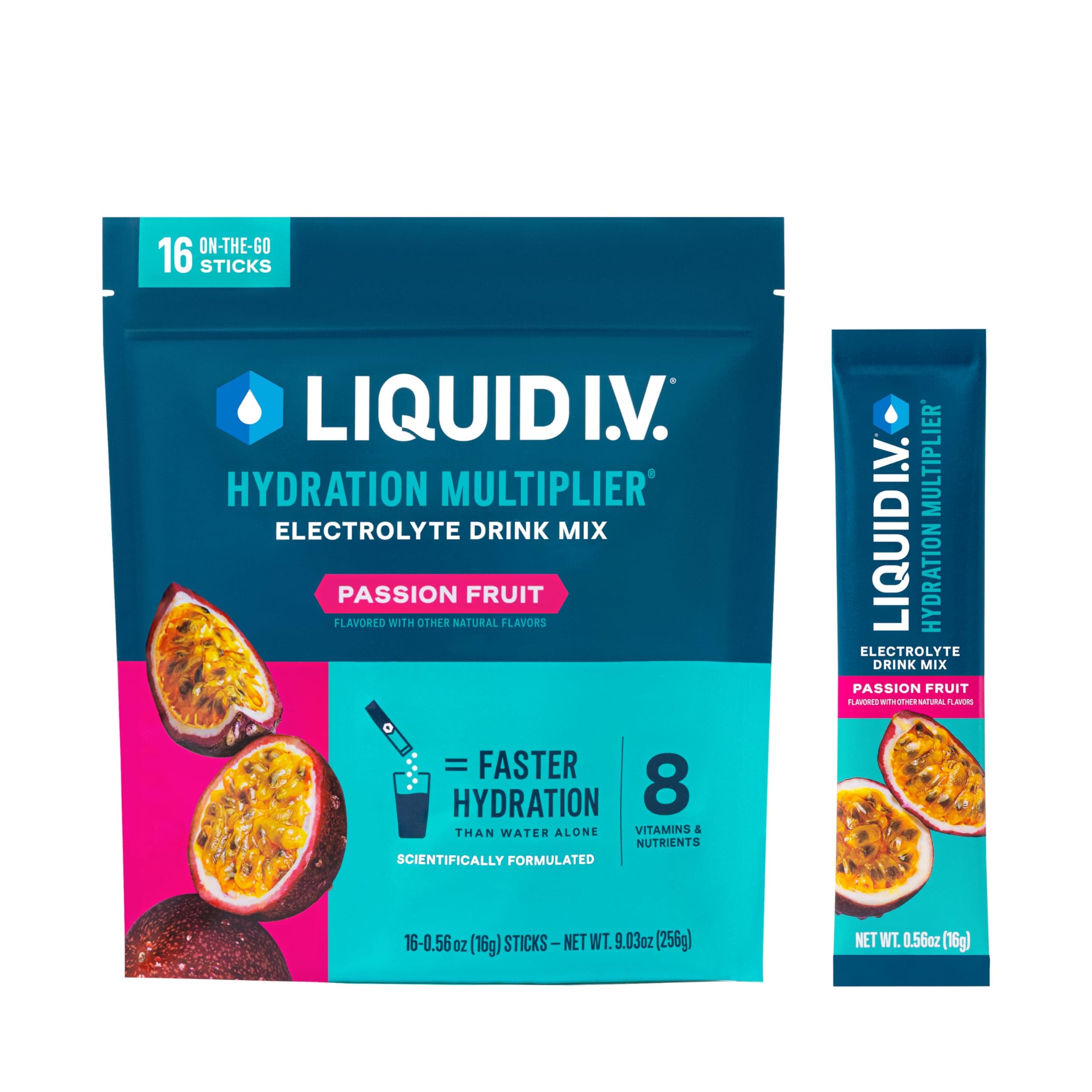 Liquid I.V. Hydration Multiplier, Electrolyte Powder, Easy Open Packets, Supplement Drink Mix (Passion Fruit) (16)