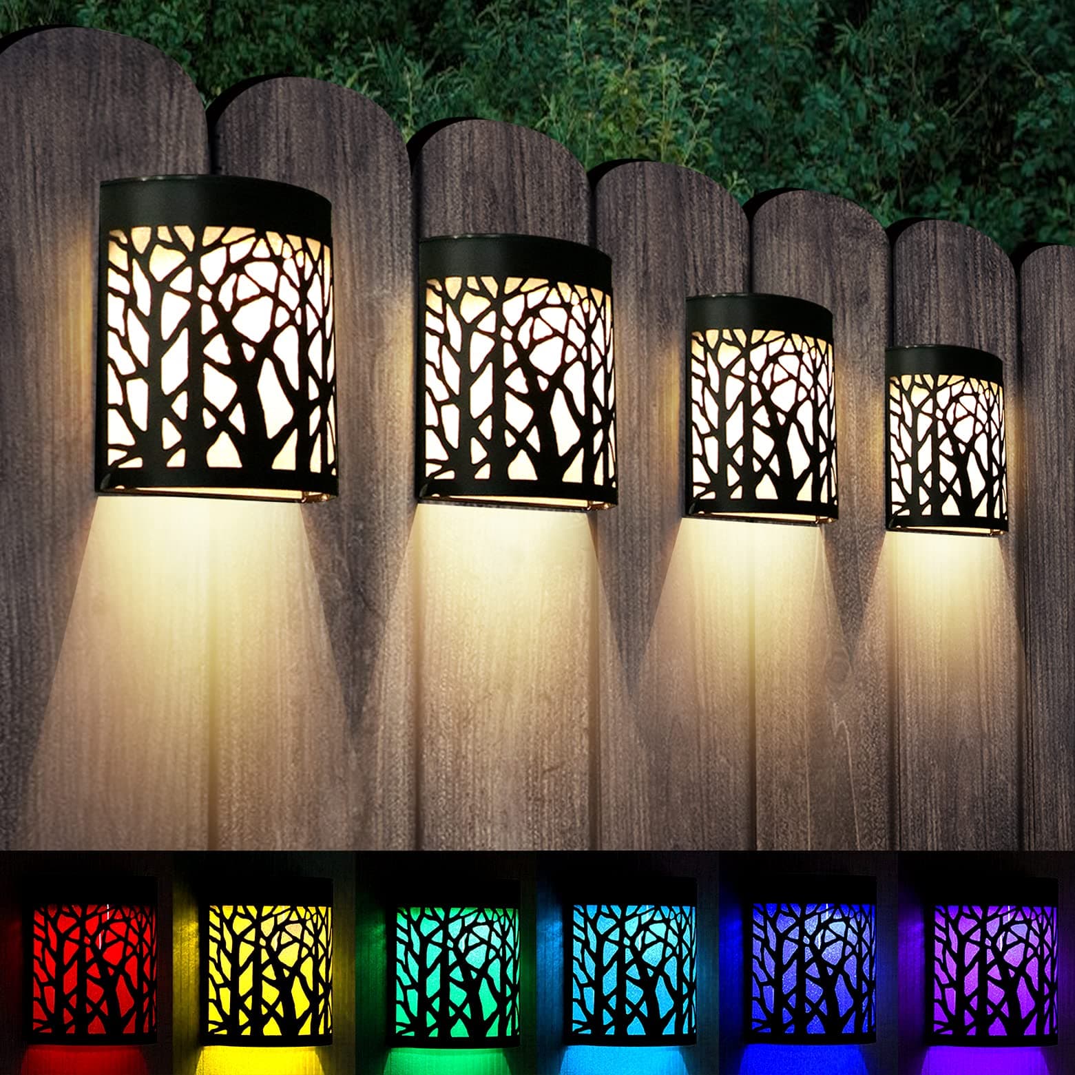 DenicMic Solar Wall Lights Outdoor Wall Sconce Fence Lighting for Patio Front Door Yard Deck Stair Led Forest Decorative Lamps, Waterproof, Warm White Color Changing (4 Pack)
