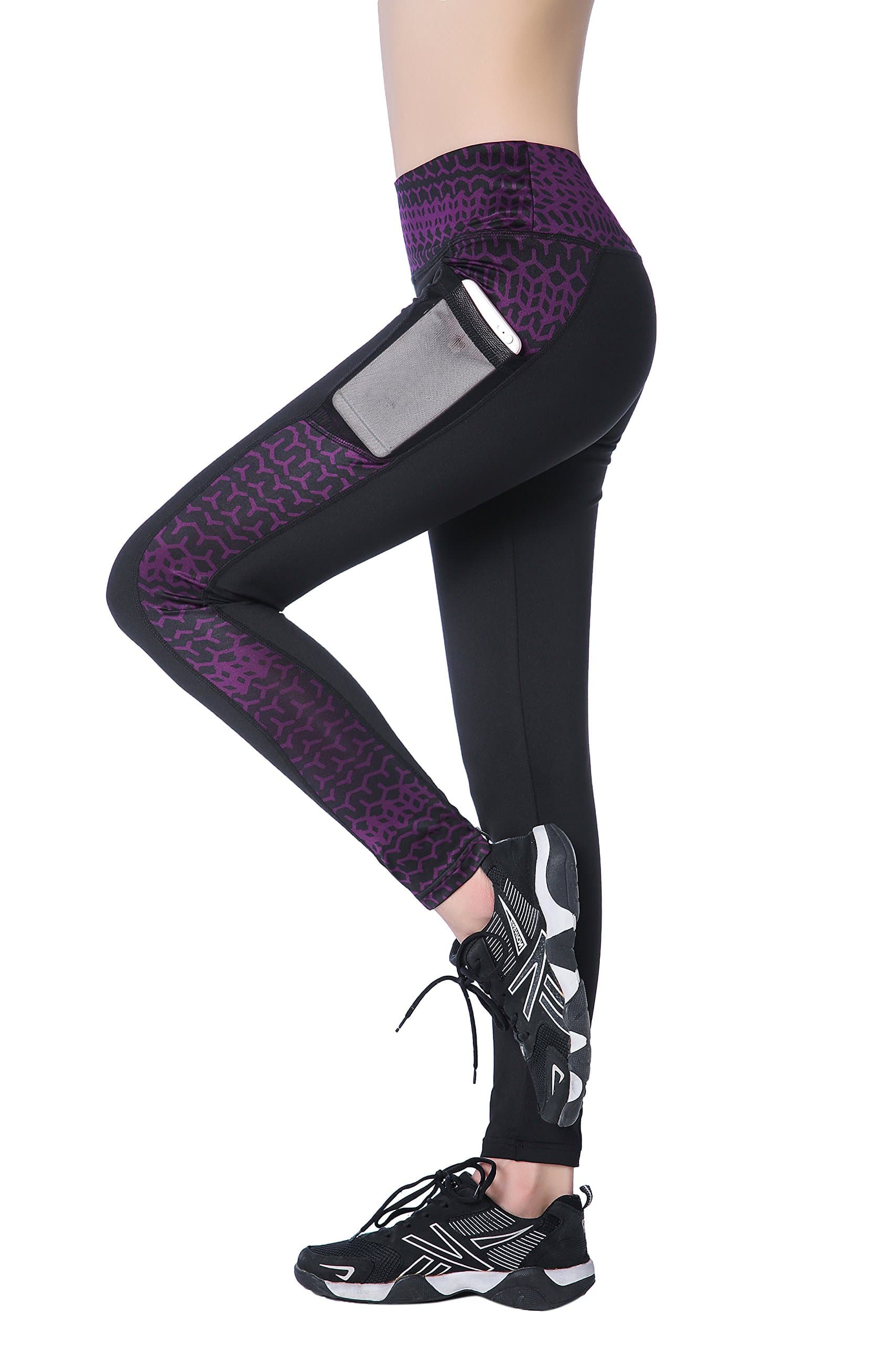 EAST HONG Women's Yoga Pants Running Tights Active Leggings 2 Side Pocket (Black/Purple, M)