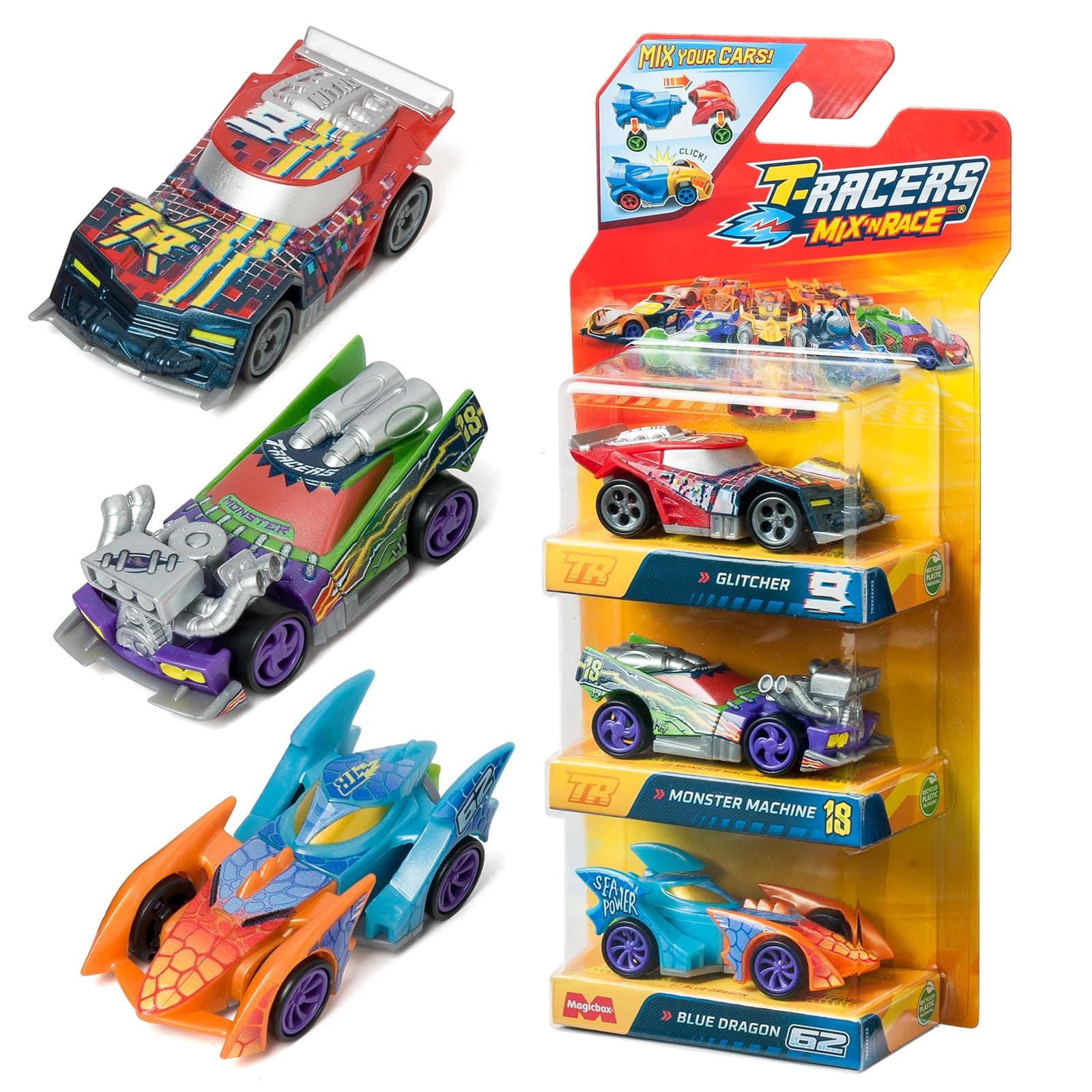 T-RACERS Mix ´N RACE 3 Pack – Pack of 3 collectible cars. Each car can be split in two with interchangeable parts and wheels. Pack 3/4