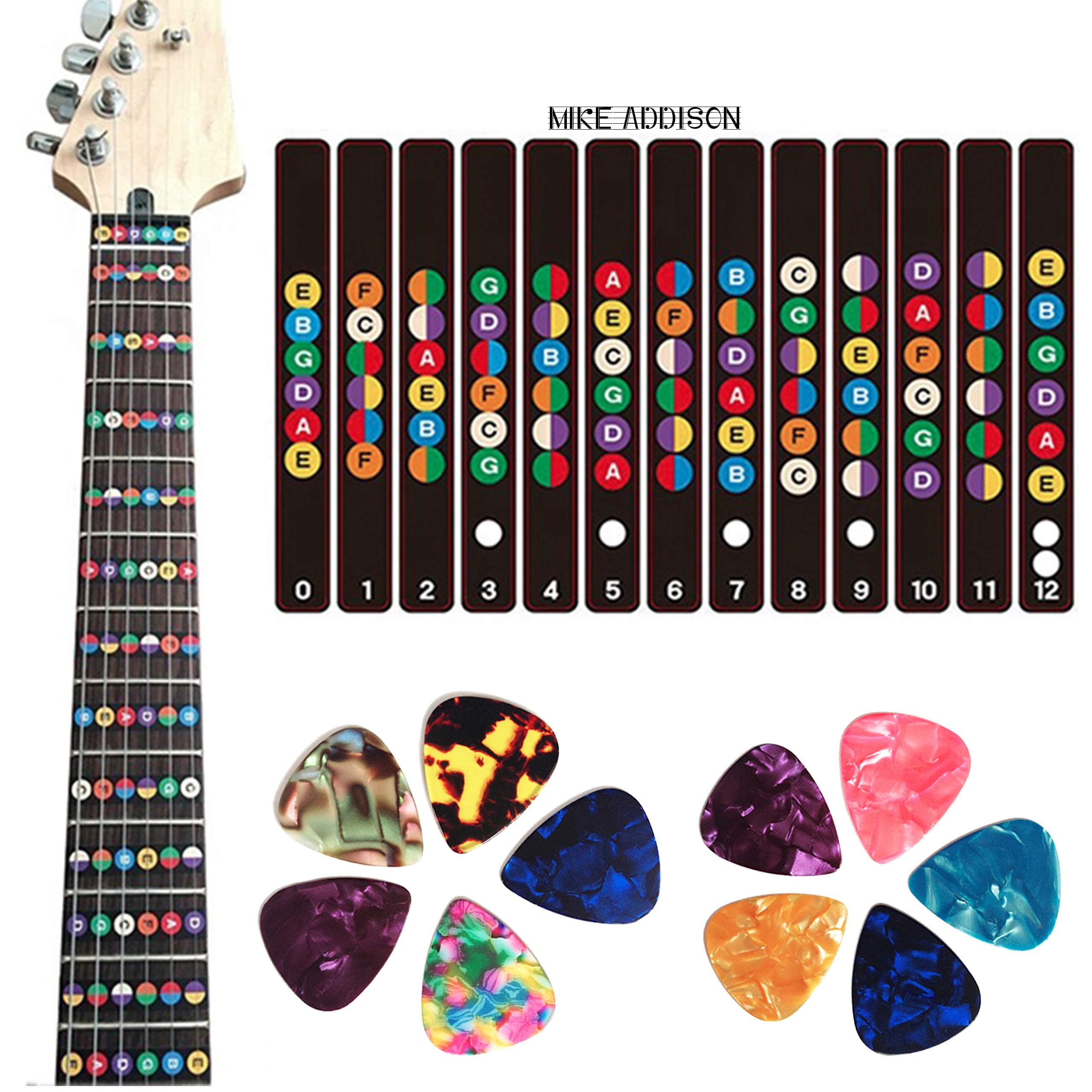 Guitar Fretboard Stickers, Learn Guitar Tabs, for Beginners Guitar Note Decals Sticker Tool + 10 Guitar Picks (Electric & Acoustic Guitars)