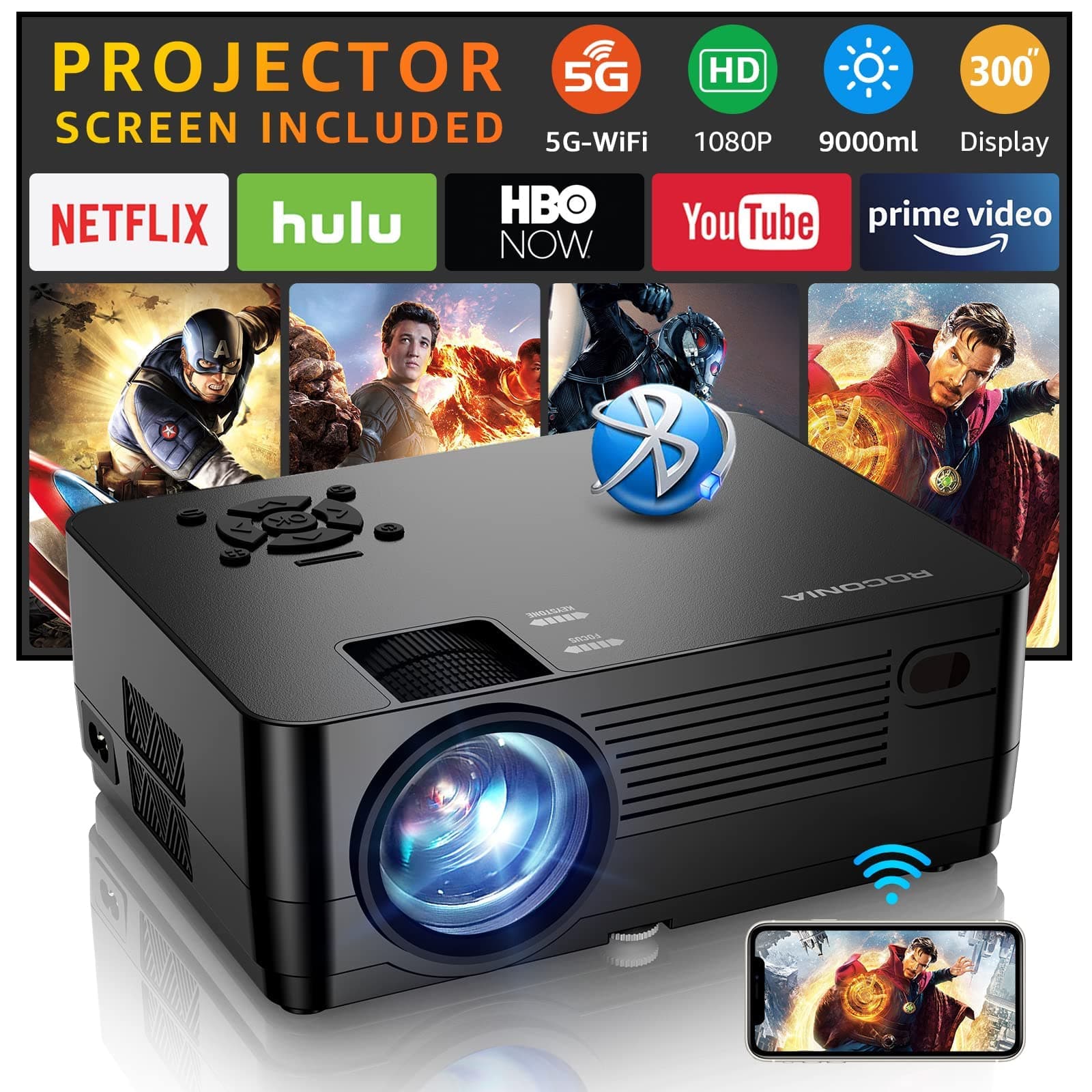 Roconia 5G WiFi Bluetooth Native 1080P Projector[Projector Screen Included], 9000LM Full HD Movie Projector, 300" Display Support 4k Home Theater,Compatible with iOS/Android/XBox/PS4/TV Stick/HDMI/USB
