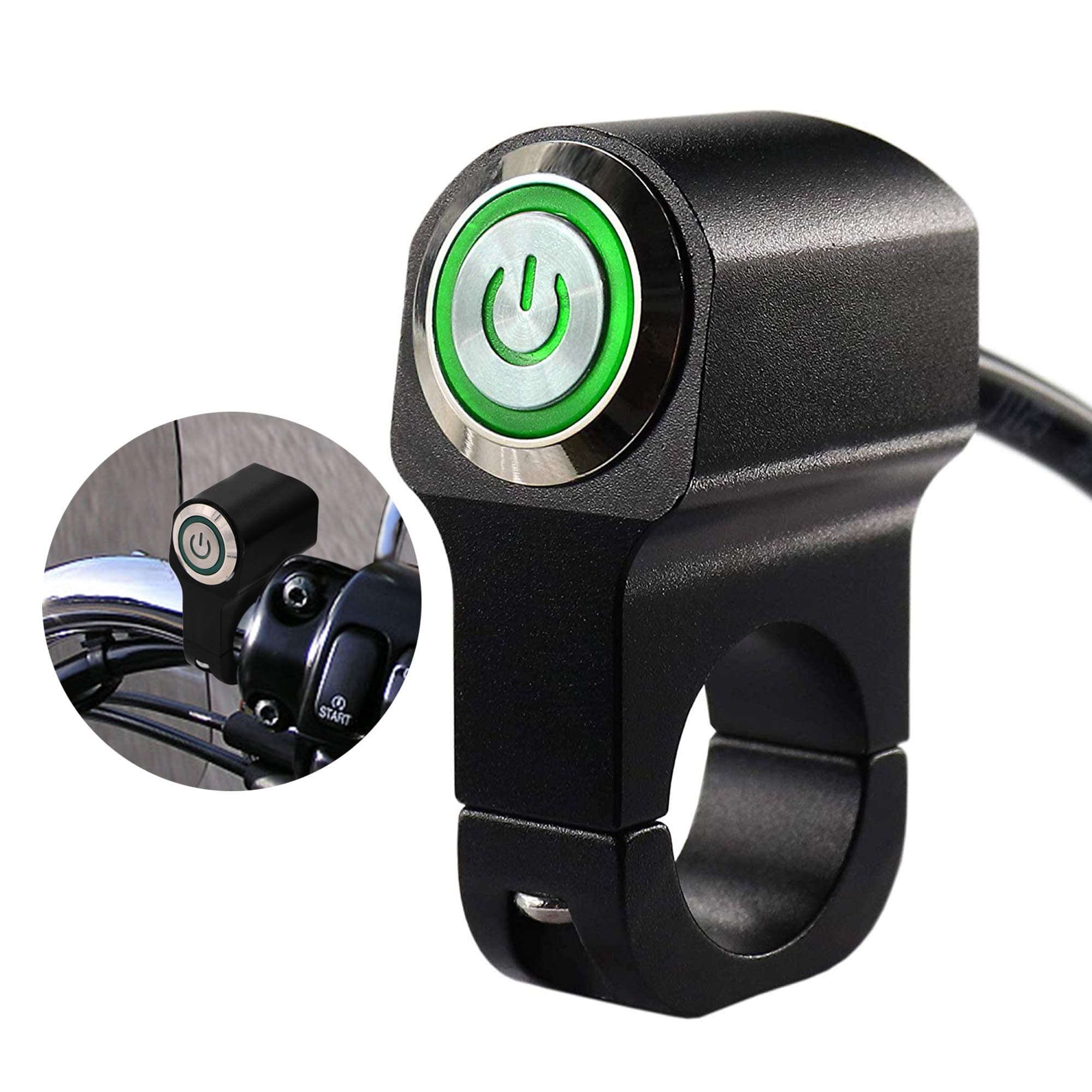 Motorcycle CNC Handlebar Kill Headlight Switch with Aluminium Alloy Push Button Indicator Green Light for 1" 25mm Bike ATV Handlebar Headlight Switches
