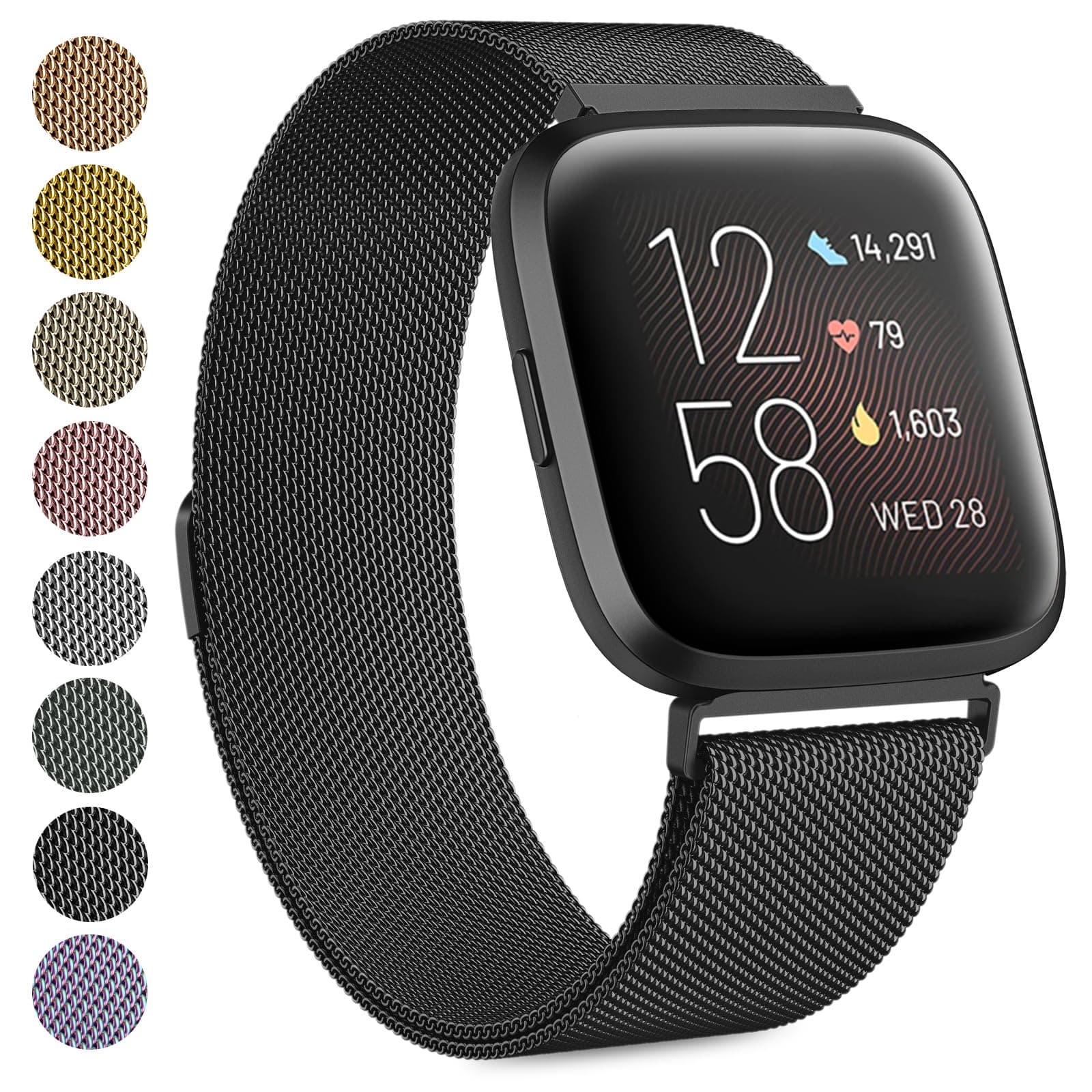 Strap compatible with Fitbit Versa Strap/Fitbit Versa 2 Straps for Women Men, Breathable Stainless Steel Mesh Loop Adjustable Wristband Replacement Metal Strap