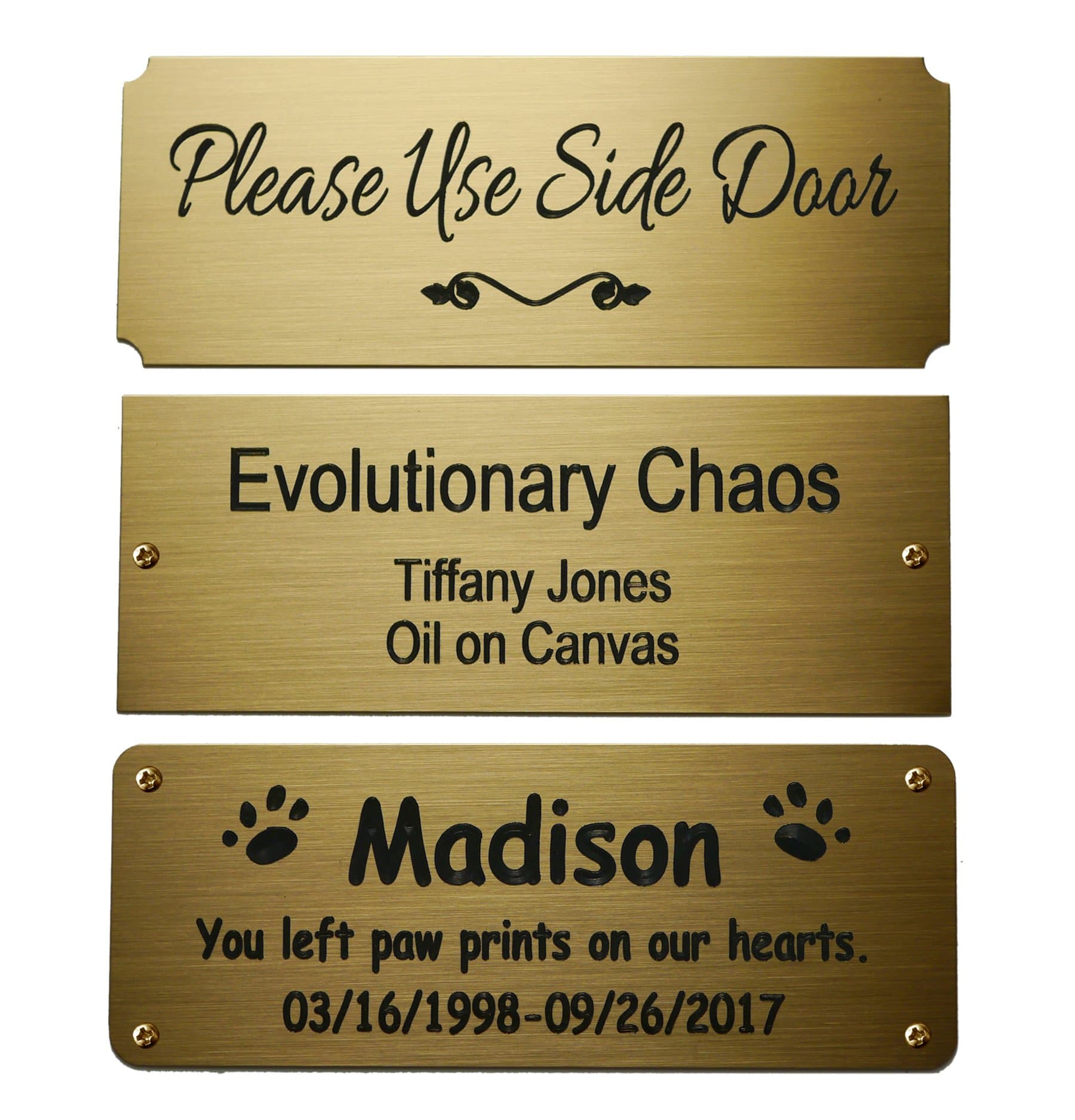 Size: 4"W x 1-1/2"H, Personalized, Custom Engraved, Brushed Gold Solid Brass Plate Picture Frame Name Label Art Tag for Frames, with adhesive backing or screws - Indoor use only