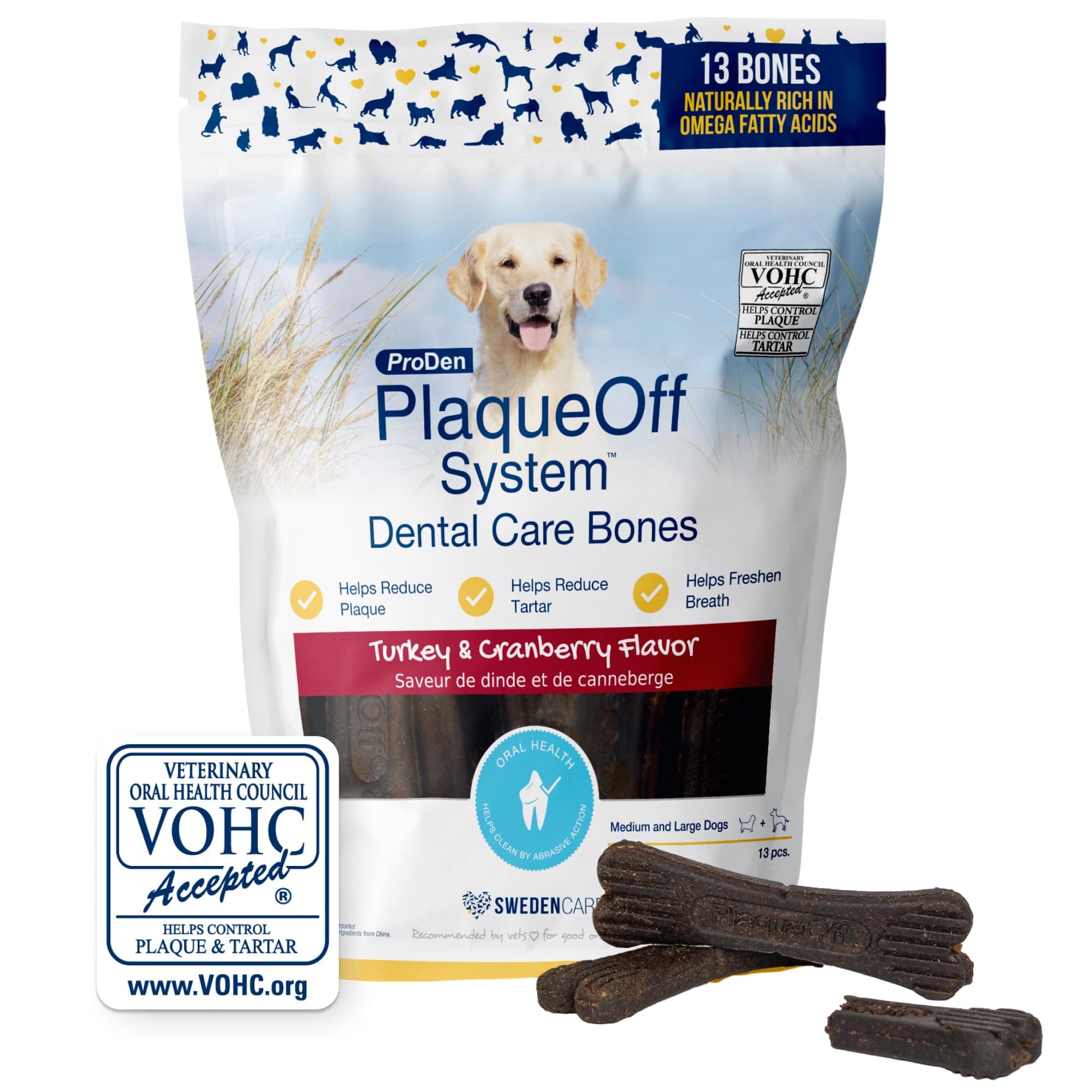 ProDen PlaqueOff 13 Dental Bones for Medium & Large Dogs Tartar, Plaque & Bad Breath Remover, Improves Overall Oral Health Flavour(Turkey & Cranberry),All Life Stages