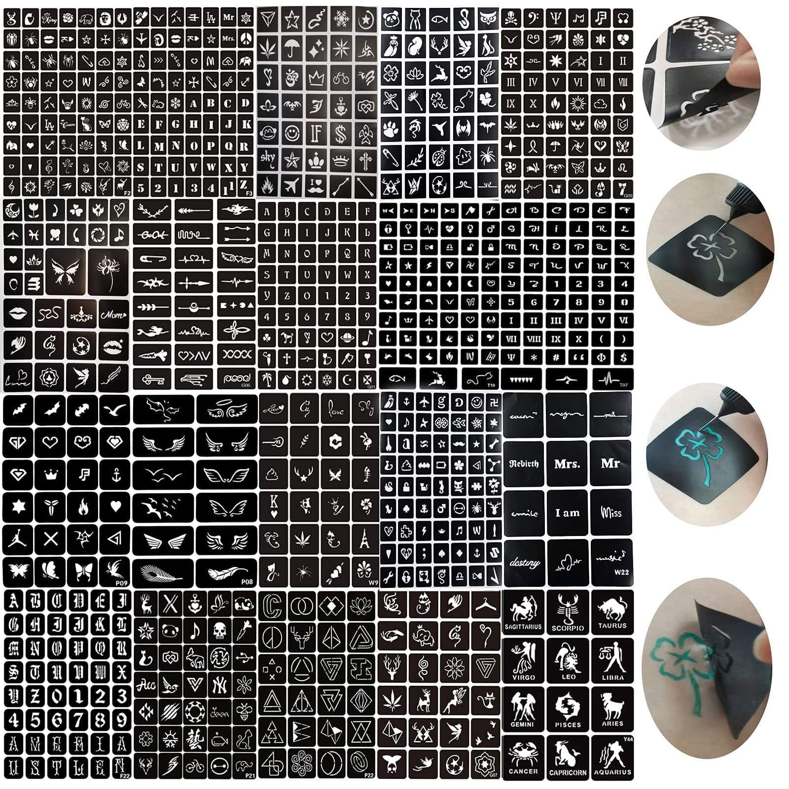 LTTT 778pcs Temporary Tattoos Stencils, 20 Sheets Reusable Boys and Man Glitter Tattoo Kit Templates Face Painting Stencil Body Design Stencil Pack for Adults Girls Women Kids Teenager Adultssigns Man