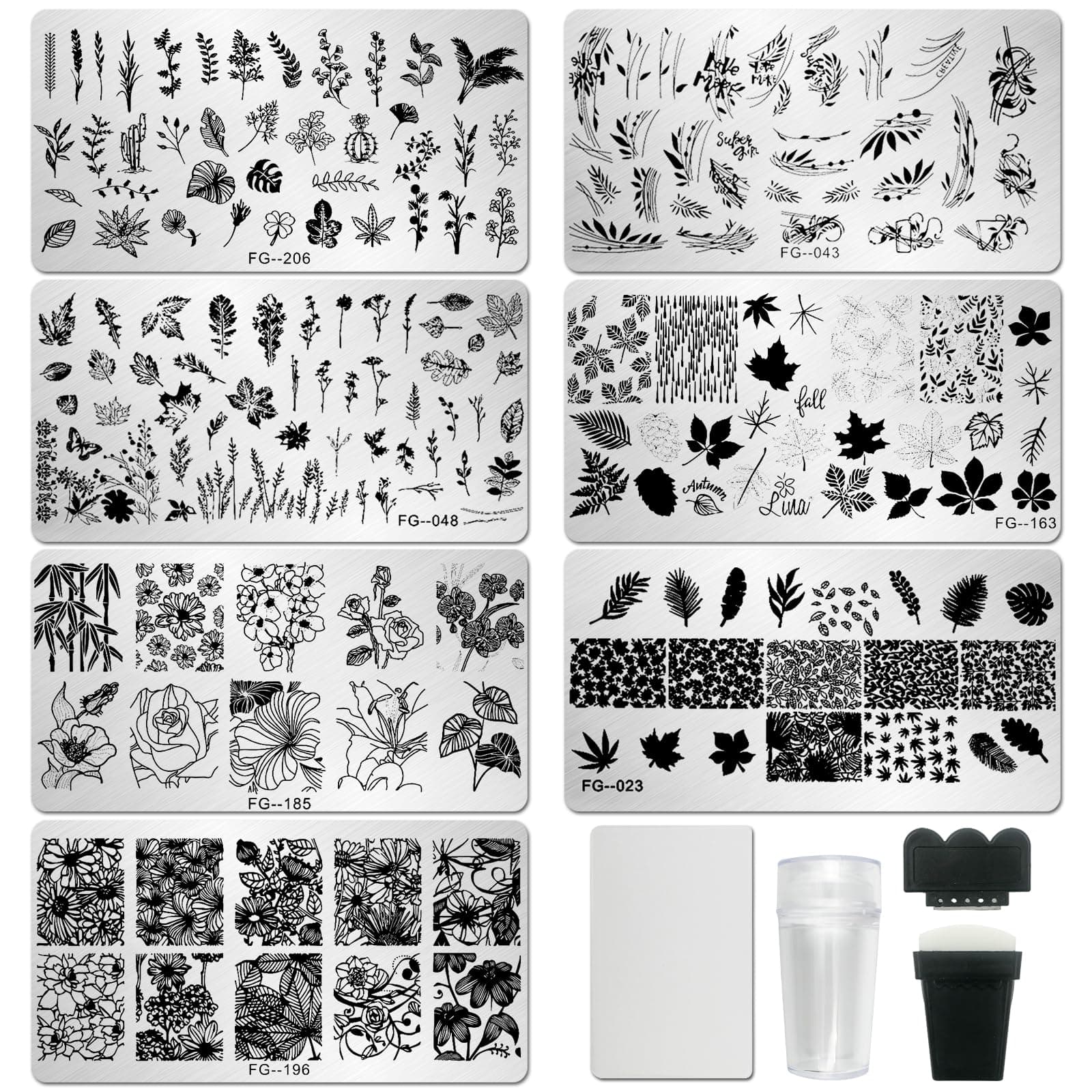 AddFavorNail Stamper Kit 7pcs Nail Stamping Plates Flower Leaf Maple Nail Stencils with 2 Stamp and 2 Scraper for Home Salon Manicure Design Supplies Tools