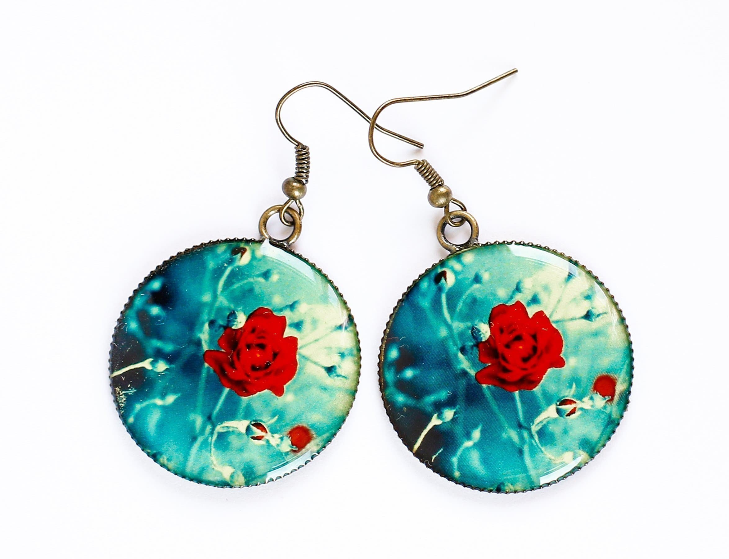 E40 Exlusive Fashion Bright Red Flower Rose Photo Print Epoxy Resine Round Earrings Handmade Summer Jewelry Gift for women Pattern design Sky blue dangle earrings