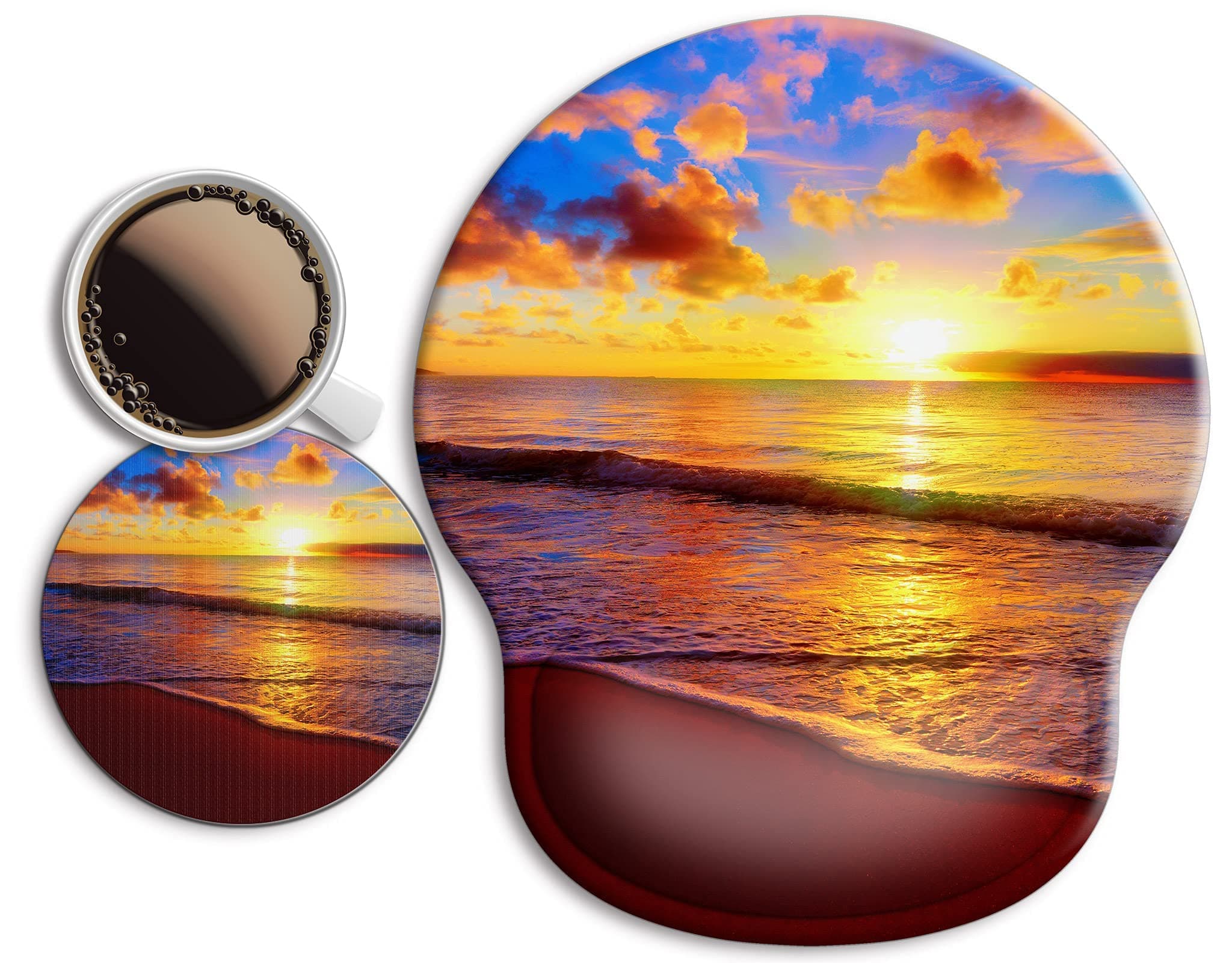 Ergonomic Mouse Pad with Wrist Support Rest,Large Mousepad Gel Wrist Rest, with Coaster Non-Slip & Pain Relief for Computer, Desk, Home&Office-Sunset Beach
