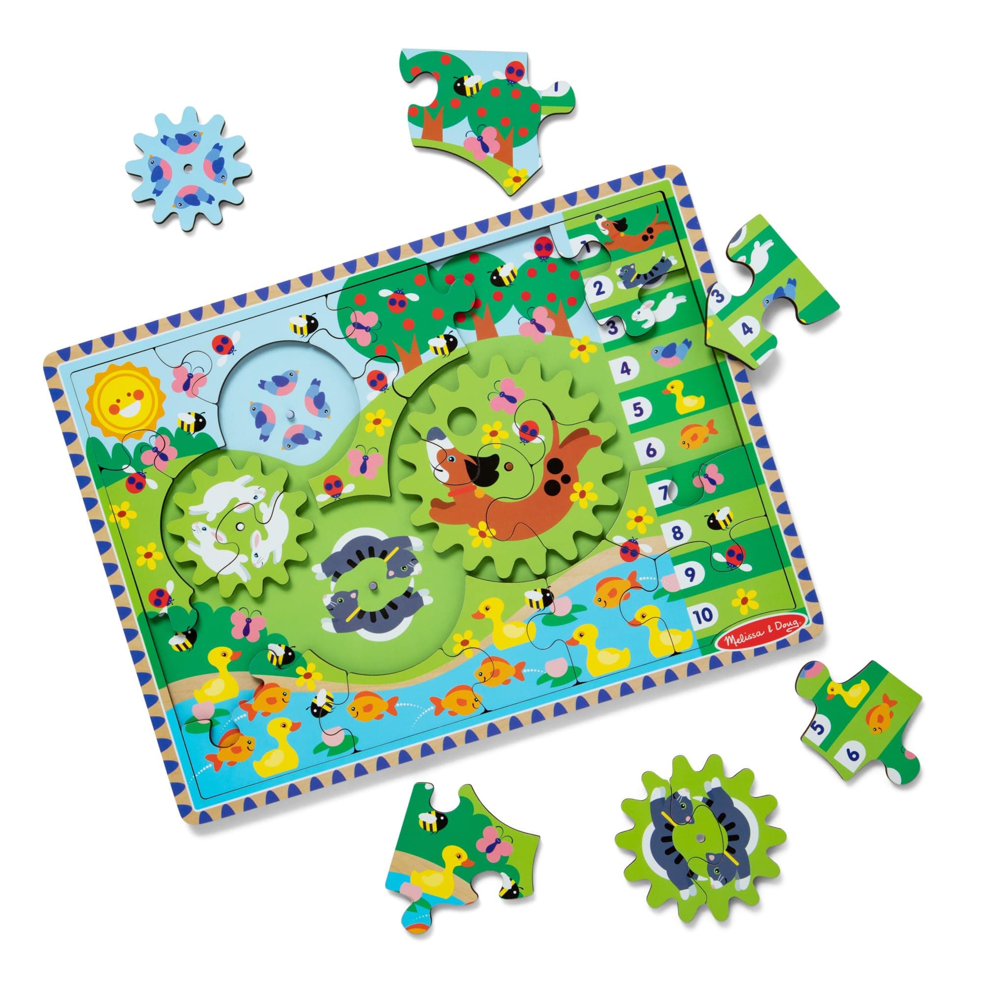 Animal Chase I-Spy Wooden Gear Puzzle – 18-Piece Interlocking Gears with Interactive Seek-&-Find Artwork – Preschool STEM Toy for Fine Motor Skills & Cause-&-Effect | MD31004