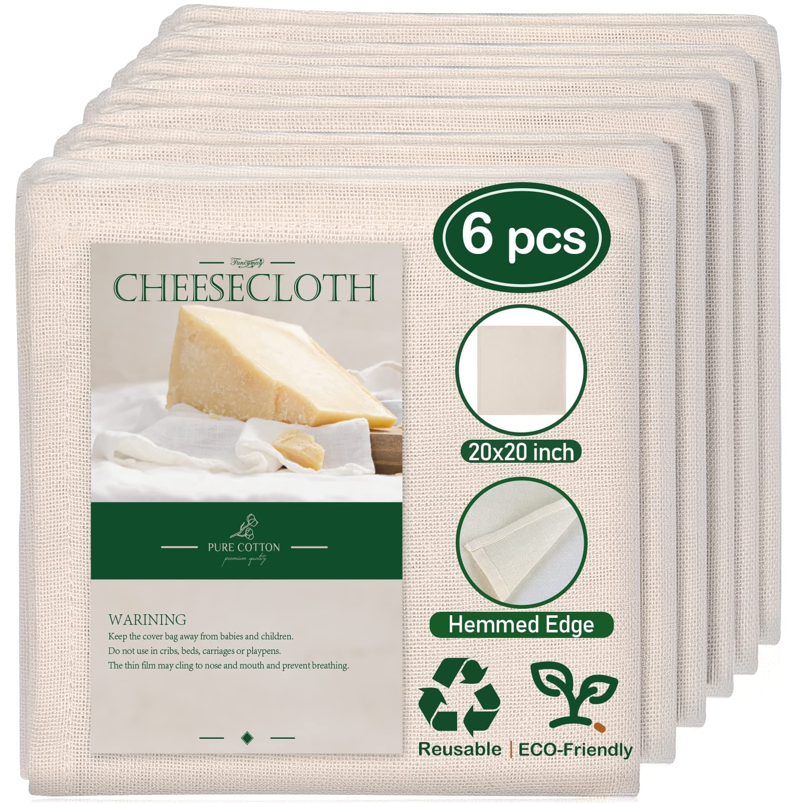 6 Pack 20x20 Inch Hemmed Cheesecloth, 100% Unbleached Cotton Fabric Ultra Fine Reusable Muslin Cloth for Straining, Cooking, Baking, Home