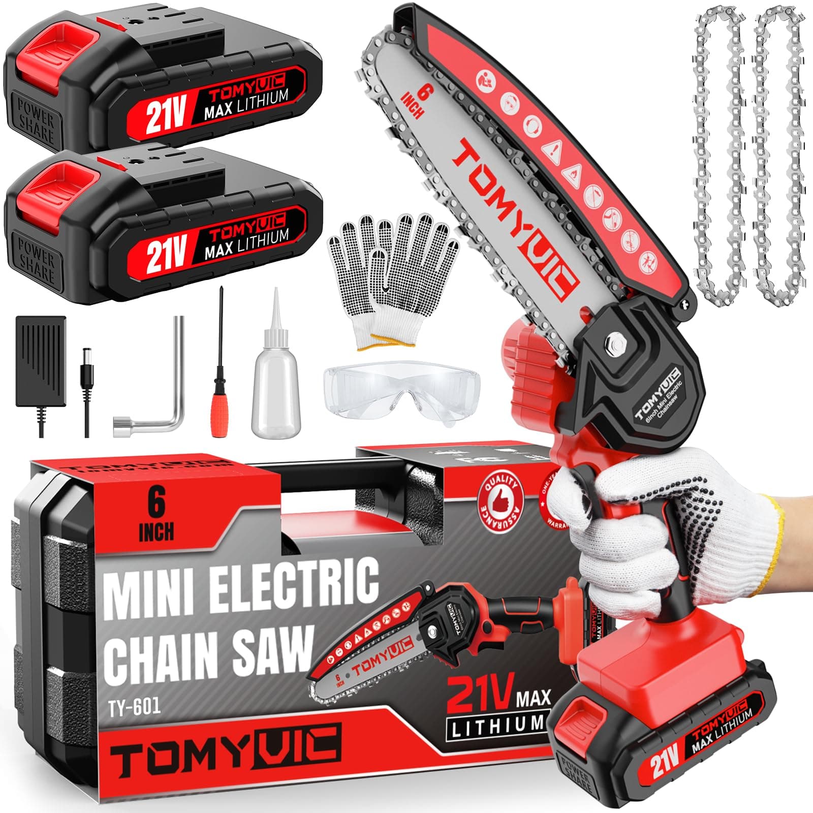 Mini Chainsaw 6-Inch Battery Powered - Cordless Electric Handheld Chainsaw with 2 Rechargeable Batteries - 21V Small Power Chain Saws Battery Operated for Tree Trimming Wood Cutting