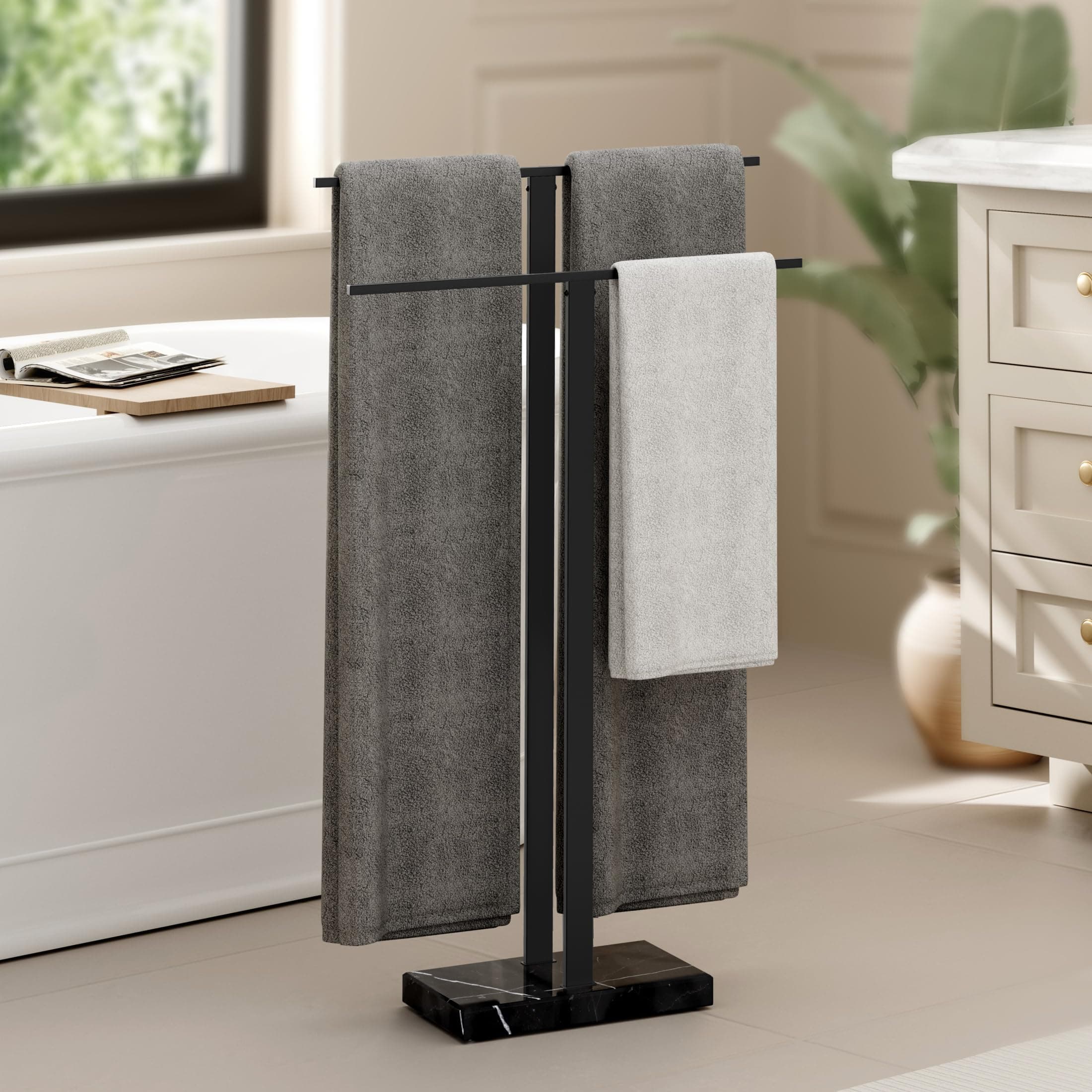 KES Standing Towel Rack with Black Natural Marble Base, 2-Tier Towel Rack Stand for Bathroom Floor, Bath Towel Holder Fits Bath Towel & Hand Towel,18/8 Stainless Steel, BTH217-BBK
