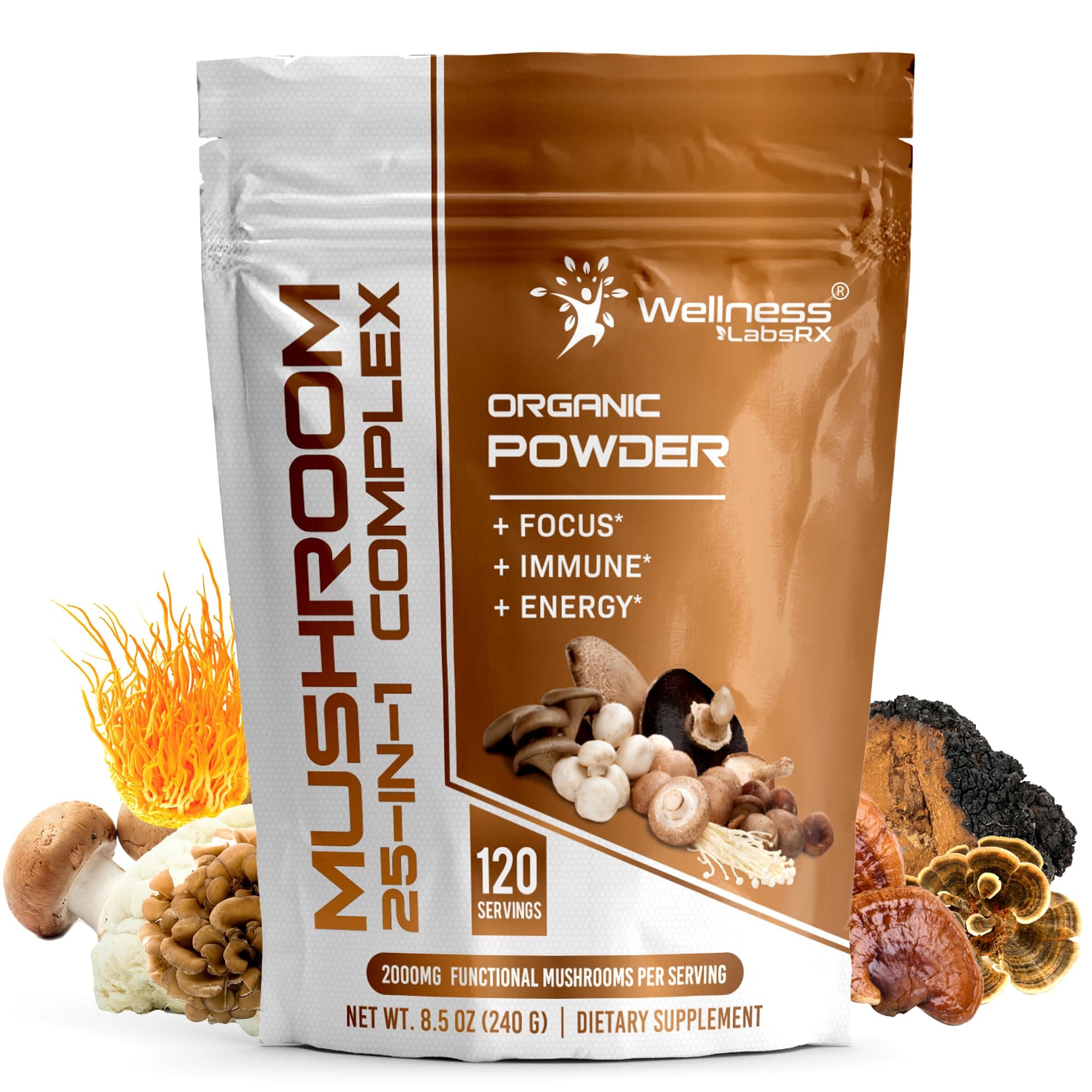 Mushroom Powder, 25 in 1 Mushrooms Supplement - 2000mg, 25 Superfood Mishroom Lions Mane Powder with Chaga, Shiitake, Cordyceps, Reishi - Lion's Mane Mushroom - 120 Servings