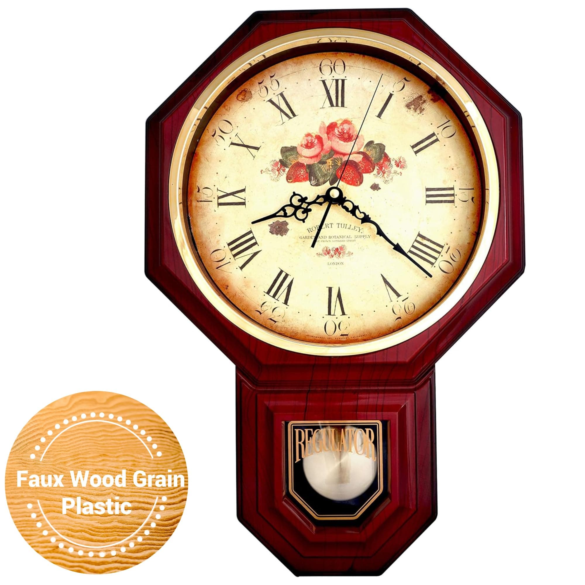 JUSTIME Traditional Schoolhouse Classic Vintage Rose Regulator Wall Clock, Chiming Wall Clocks with Pendulum & Westminster Chime Hourly, Schoolhouse Wall Decor Battery Operated (Red Mahogany)