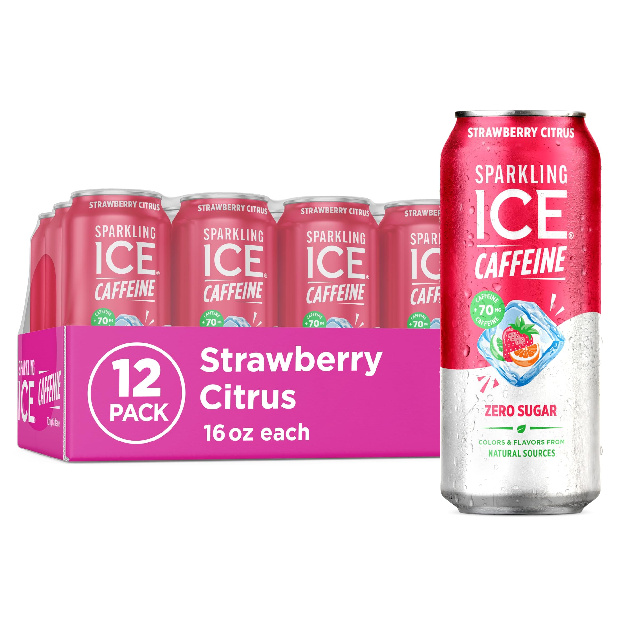 Sparkling Ice Caffeine Strawberry Citrus Sparkling Water with Caffeine, Zero Sugar, with Antioxidants and Vitamins,16 fl oz Cans (Pack Of 12)