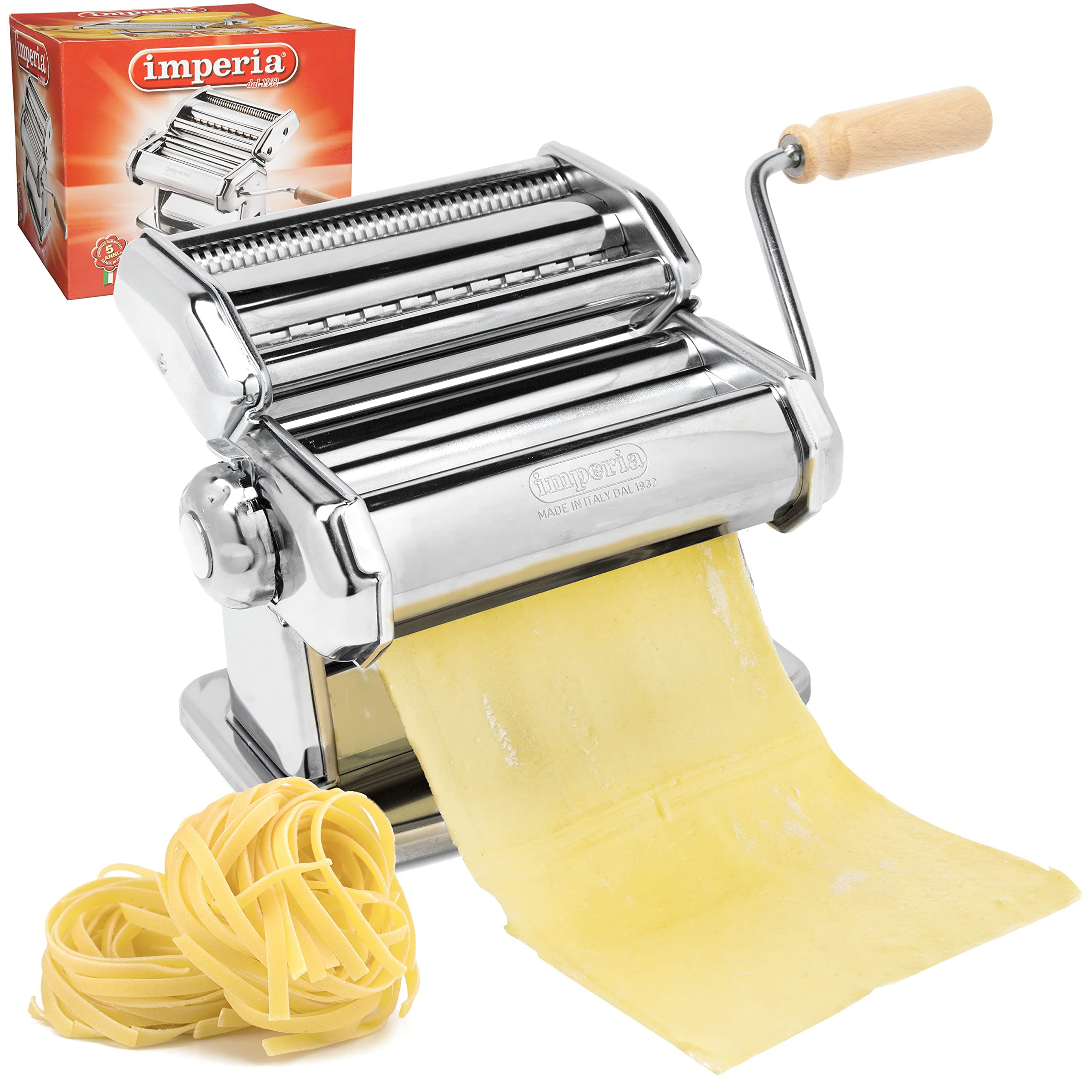 Imperia Italian Double Cutter Pasta Machine, Homemade Pasta Maker with Detachable Wooden Handle, Adjustable Dial with Six Thickness Settings