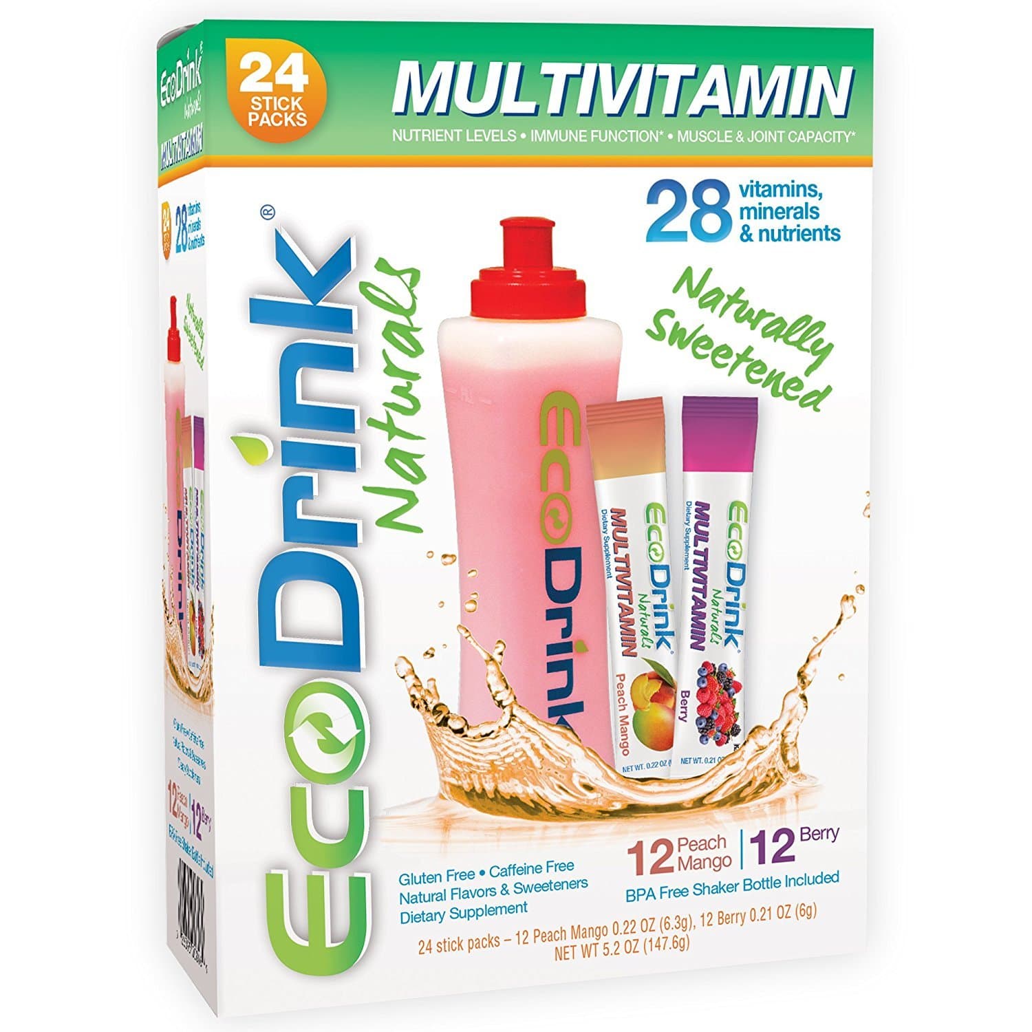 EcoDrink Multivitamin Energy Powder Drink Mix - Electrolytes Antioxidants Nutrients - Sugar and Caffeine Free - Peach Mango & Berry Flavors Powder, 12 Packets Each
