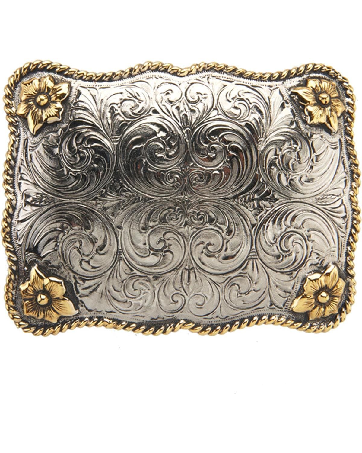 Men's Large Rectangular Scallop Rope And Floral Belt Buckle Two Tone One Size