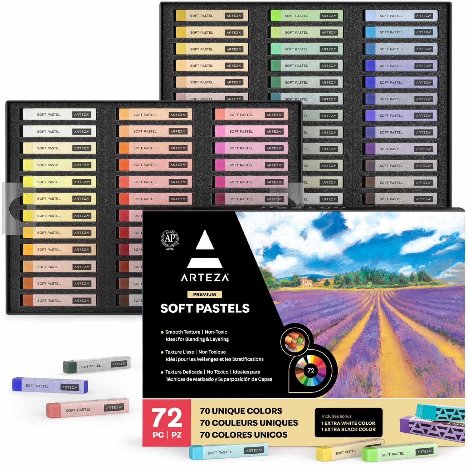 ARTEZA Soft Pastels for Artists, Set of 72 Chalk Pastels for Artists Sticks, Chalk Crayons Art Supplies for Drawing, Blending, Layering, and Shading