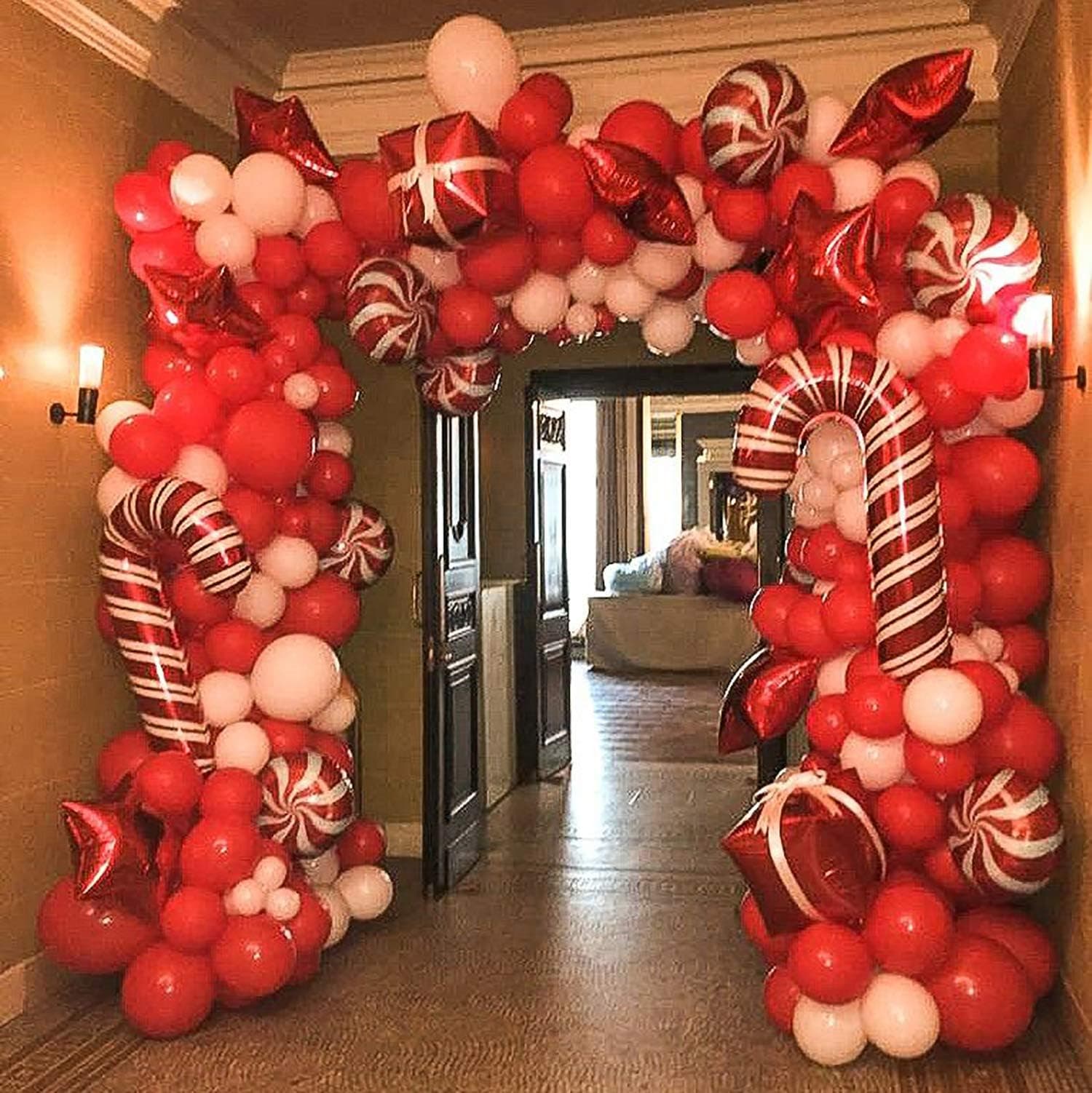 Bonropin Christmas Balloon Arch Kit - Red White Balloons, Candy Balloons, Red Star Foil Balloons, Candy Cane Foil Balloons, Box Foil Balloons for Xmas Balloon Garland Kit Christmas Party Decorations