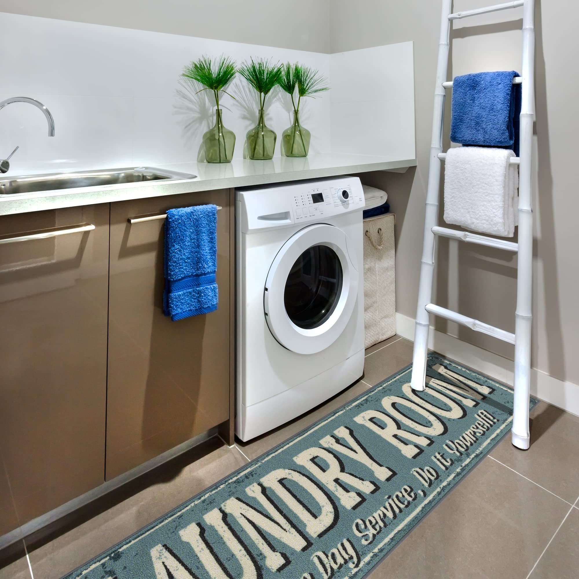 Machine Washable Text Design Laundry Room Rug Non-Slip Rubberback 2x5 Laundry Runner Rug for Laundry Room, Bathroom, Washroom, 20" x 59", Baby Blue
