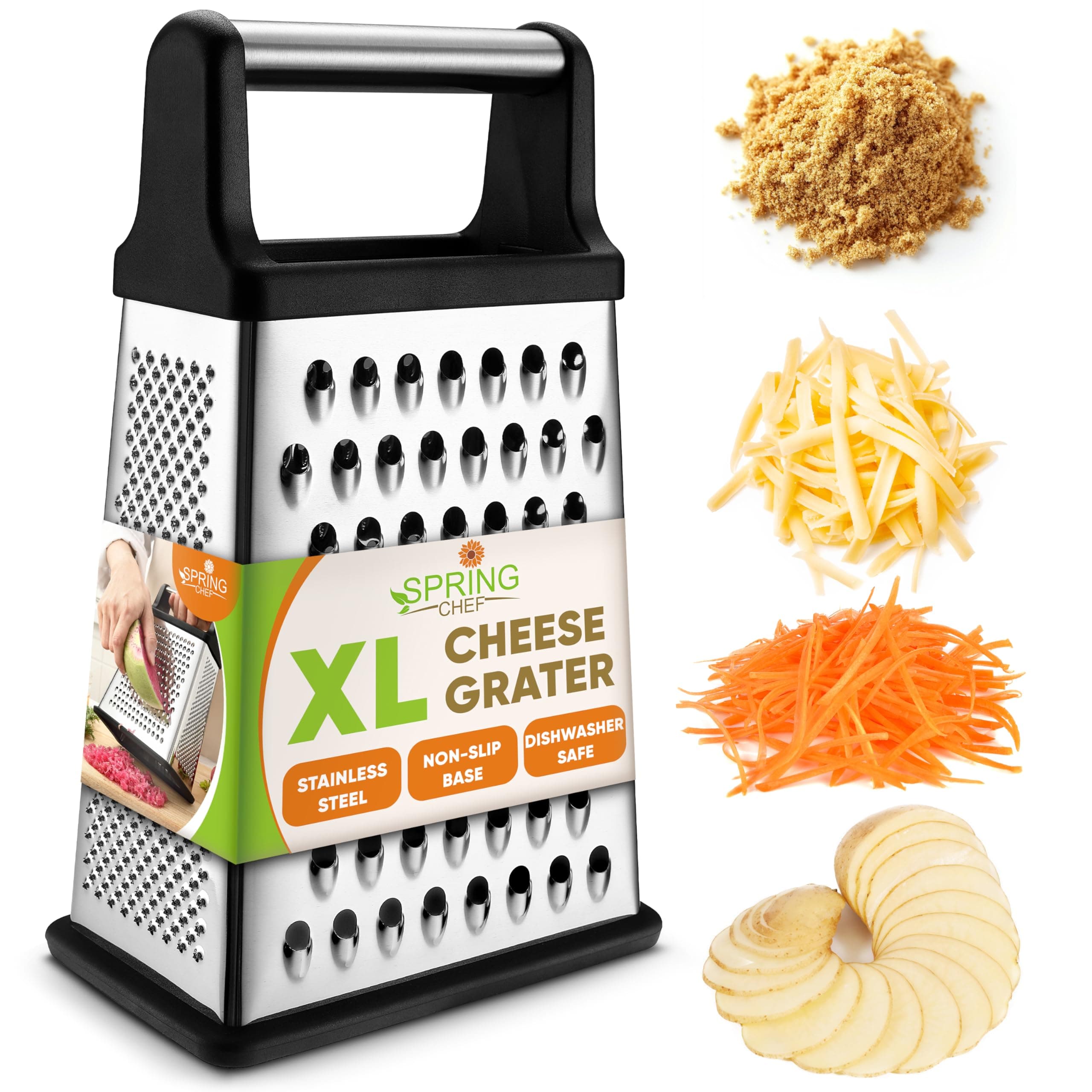 Spring Chef Professional Box Grater, Stainless Steel with 4 Sides, Best for Parmesan Cheese, Vegetables, Ginger, XL Size