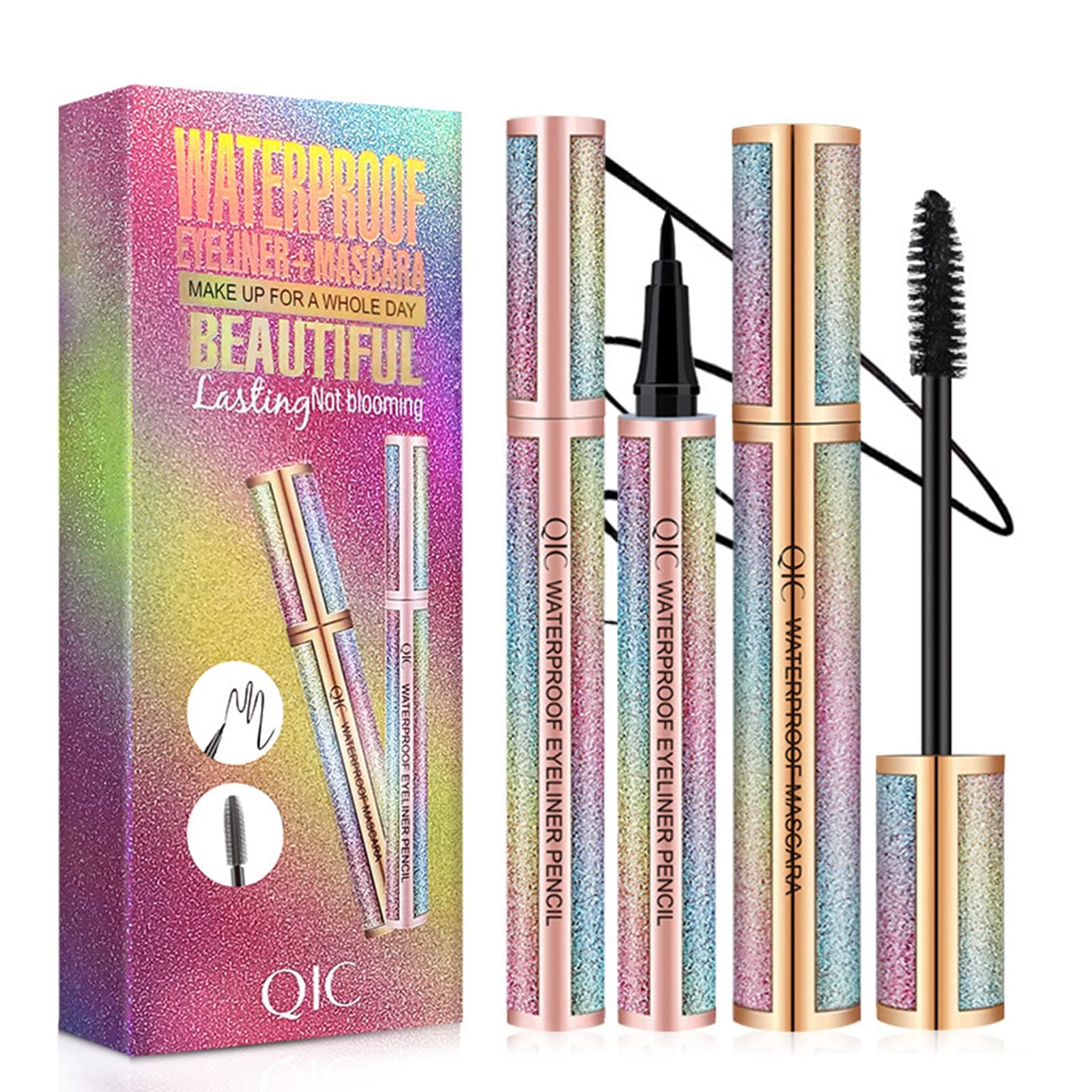QIC Starry Sky Mascara & Eyeliner Set,4D Silk Fiber Eyelash Mascara with Liquid Eyeliner Kit Waterproof,Sweat-proof,Smudge-proof,Long Lasting,Quick-drying,Perfect Eyes Makeup Set, 2 Piece Set