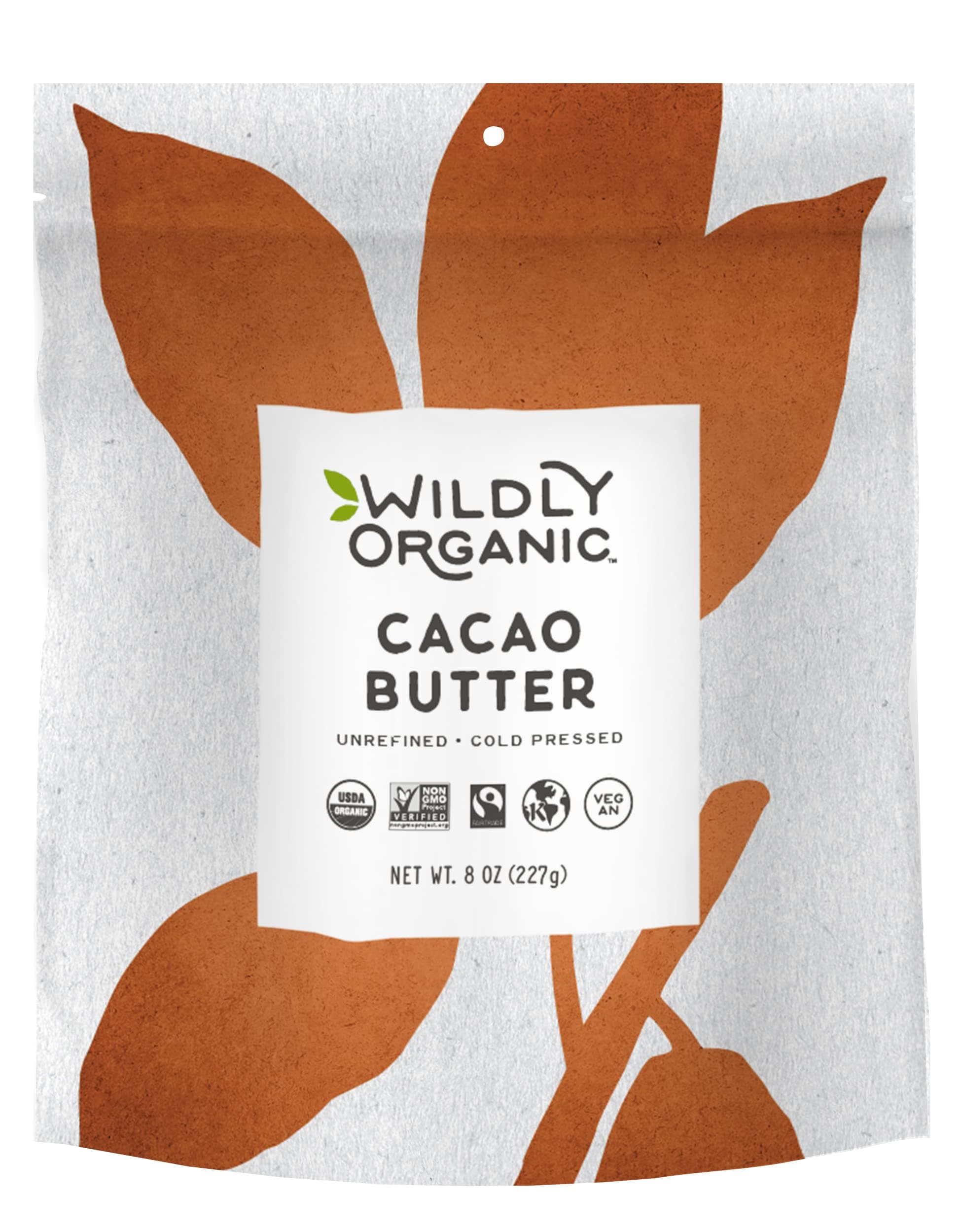 Raw Cacao Butter - Fairtrade certified & USDA Organic, Non-GMO, Kosher, Vegan - Smooth & Delicious- Wildly Organic - 8 Ounces