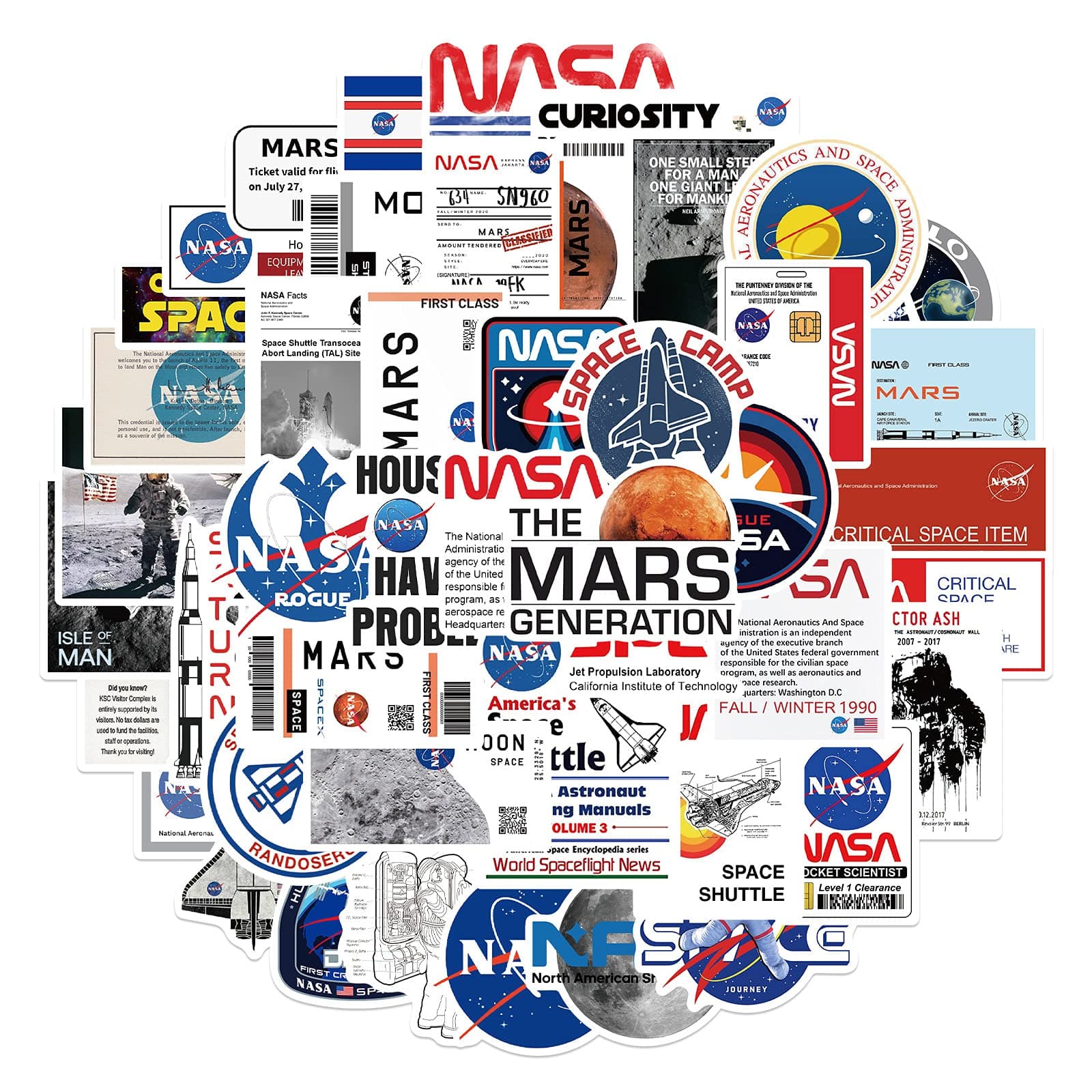 NASA Space Stickers for Water Bottle, 50pcs Cool Vinyl Decal for Teen Girl Laptop, Skateboard, Phone, Travel Case, Computer, Guitar, Bike (Cartoon Space Agency)