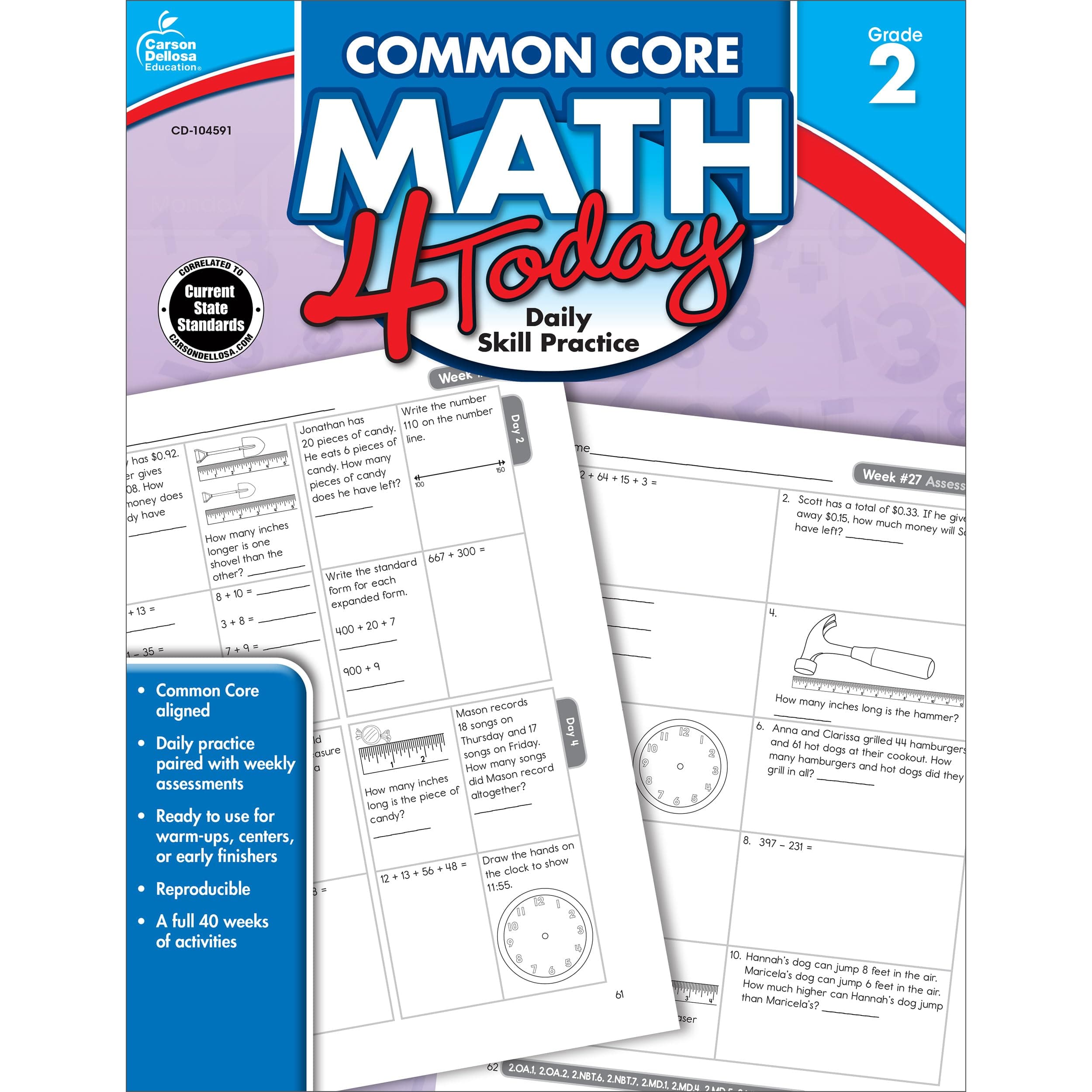 Carson Dellosa Common Core Math 4 Today Second Grade Workbook, Telling Time, Fractions, Addition, Subtraction, Number Patterns, and More, Mathematics Classroom or Homeschool Curriculum (Volume 5)
