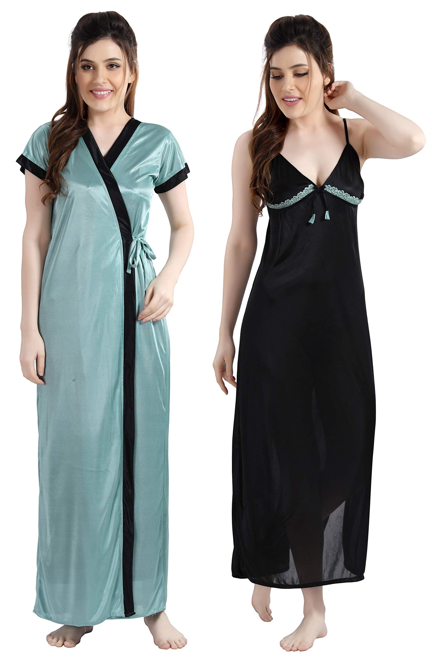 Women's Satin Solid Knee Length Nighty With Lace And Robe