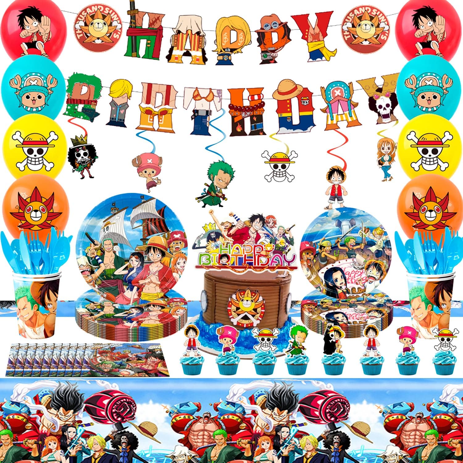 One Piece Birthday Party Supplies, 117pcs One Piece Party Decorations & Tableware Set - One Piece Banner Balloons Hanging Swirls Cake Topper Plates Cups etc One Piece Birthday Decorations for Kids
