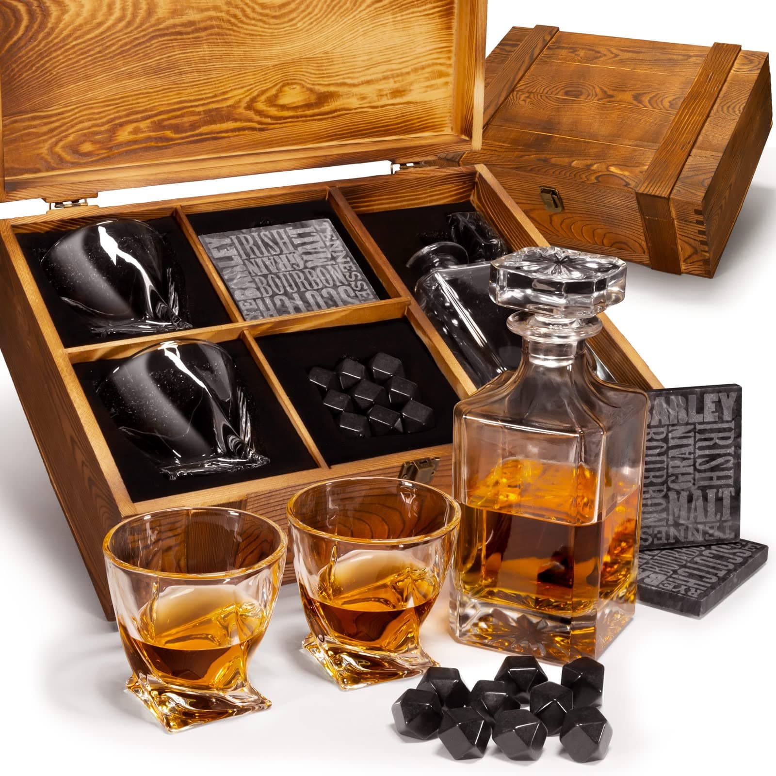 Whiskey Decanter Crate Set for Men and Women - Whiskey Decanter, 2 Swirl Glasses, 9 Chilling Whisky Stone, 2 Coaster, Crate Pinewood Box, Gift for Holidays, Father's Day, Groomsmen, Wedding