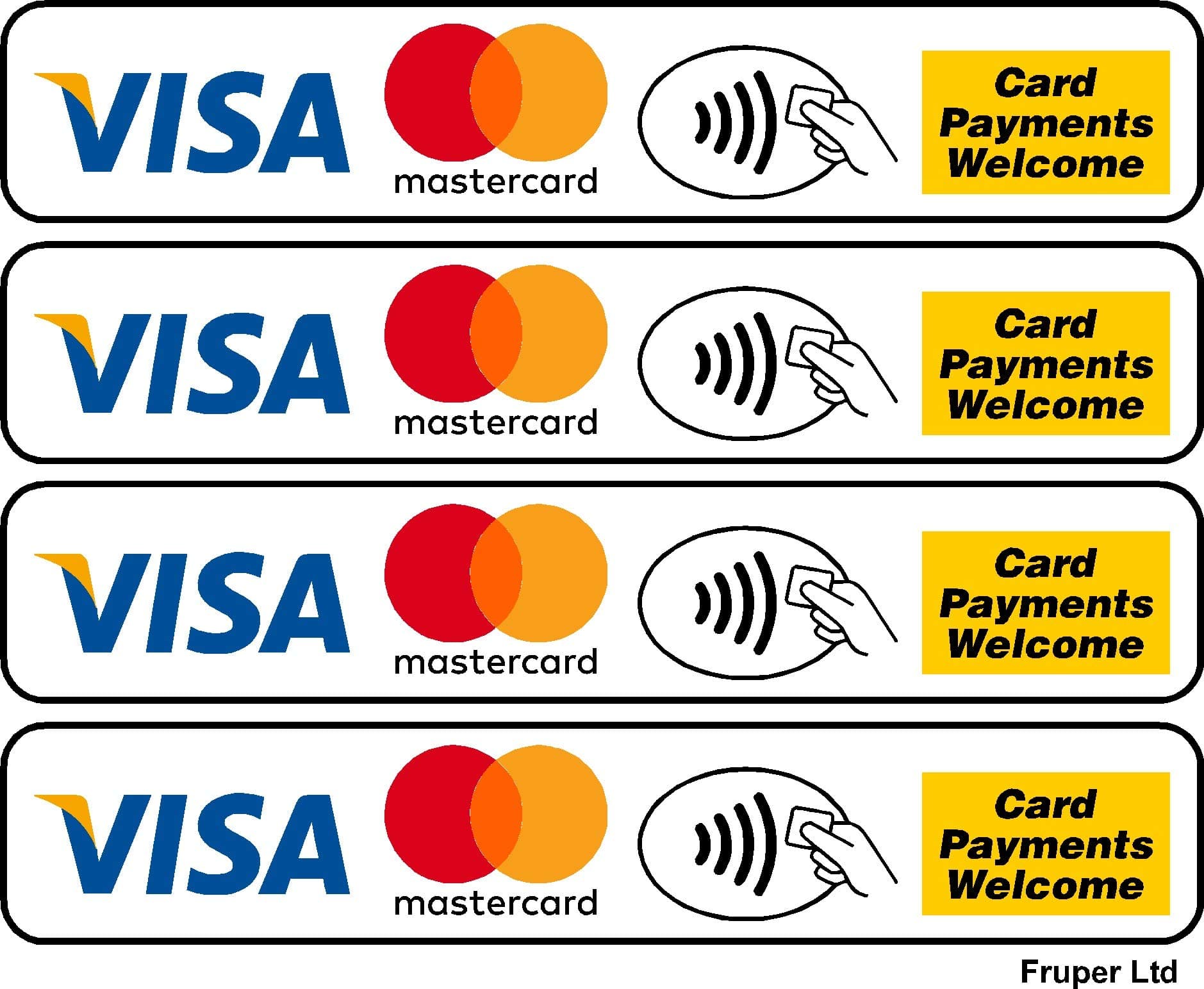 4 x Contactless Card Payments Welcome Visa MasterCard Credit Card, Vinyl Laminated Waterproof Stickers Decals -Taxi - Minibus - Coach - Hire - Car - Business - Shop