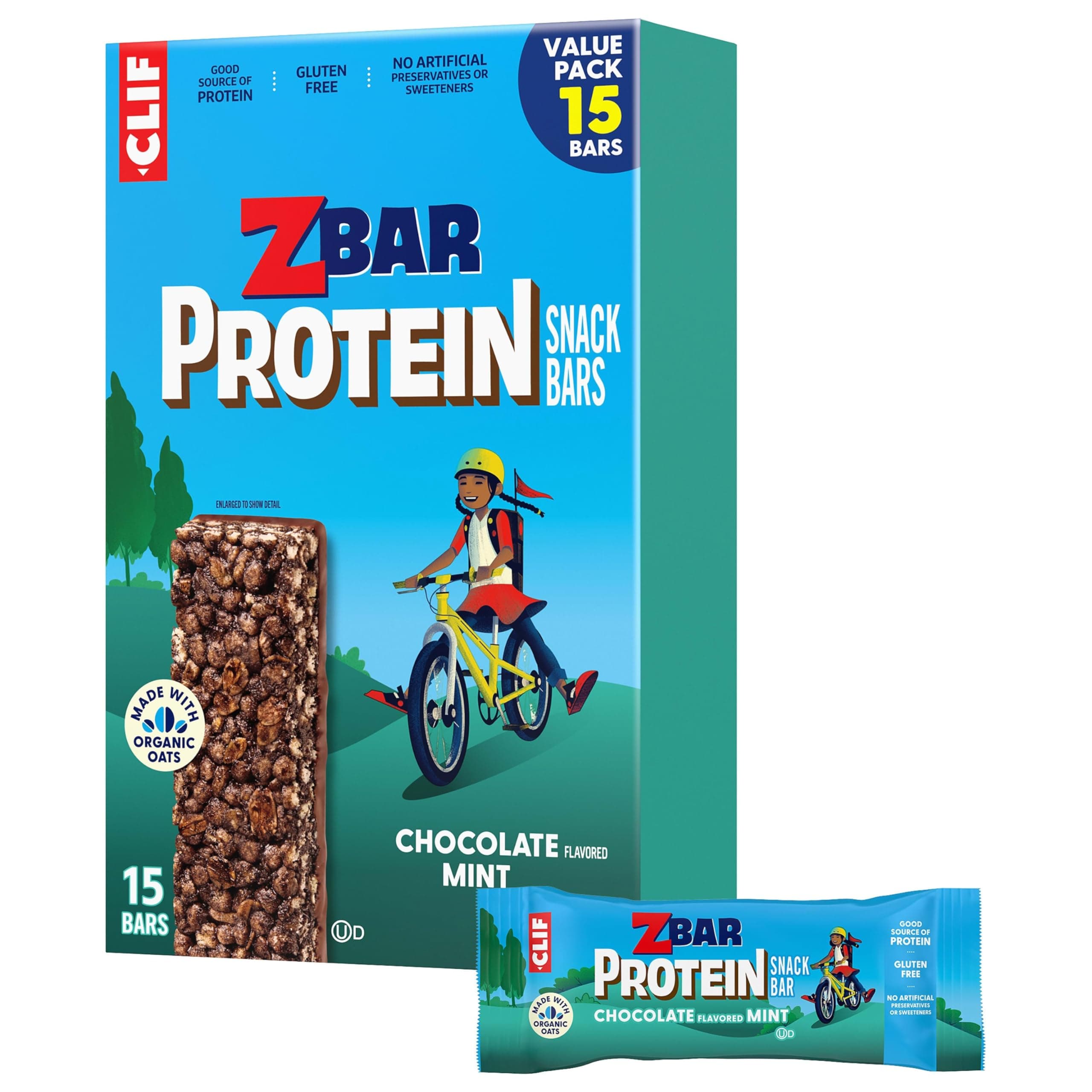 CLIF Kid Zbar Protein - Chocolate Mint - Crispy Whole Grain Snack Bars - Made with Organic Oats - Non-GMO - 5g Protein - 1.27 oz. (15 Pack)