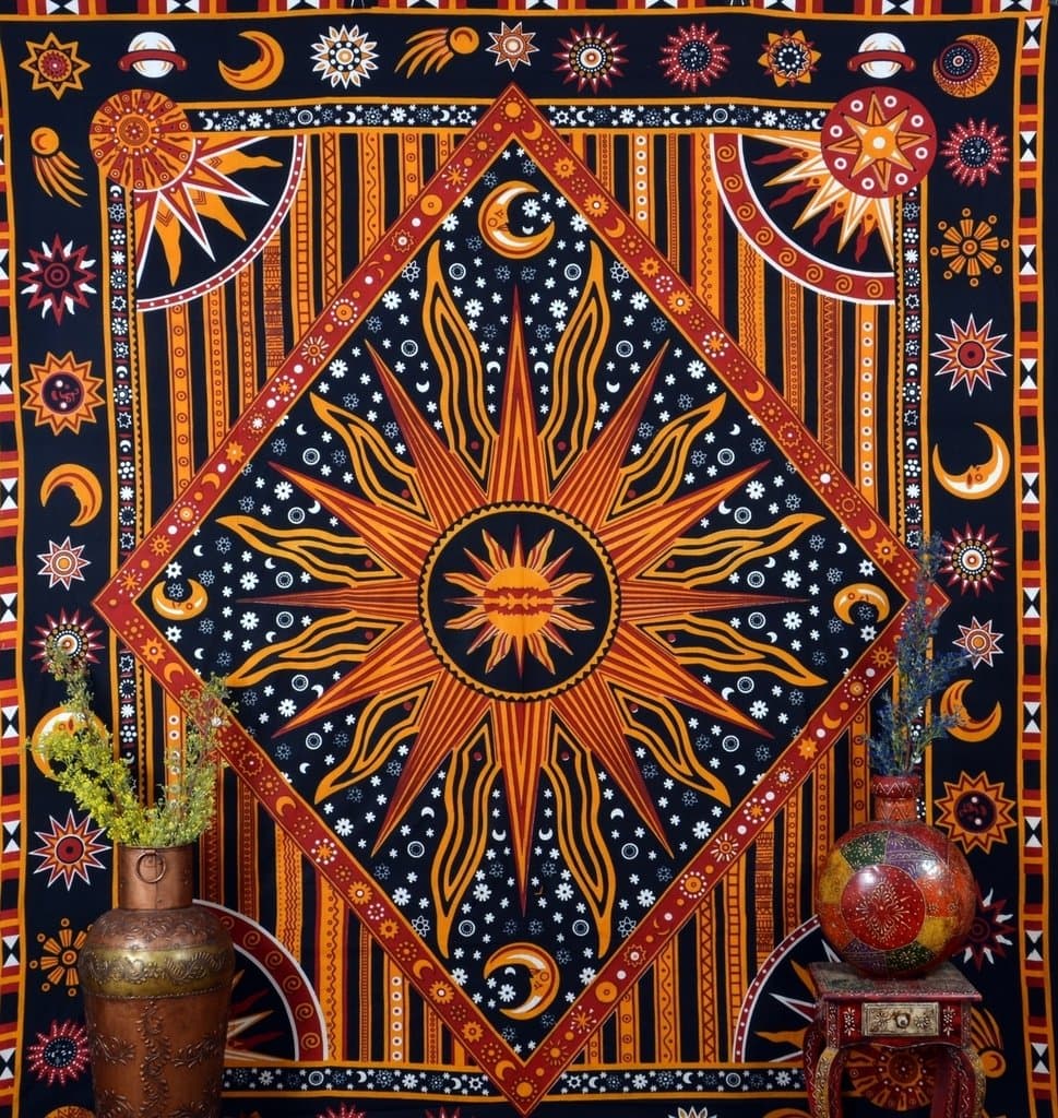 Jaipur Kala Kendra Indian Tapestry Sun Sign Printed Zodiac Peace Brown Color Hippie Bedspread Bed Sheet Throw Decor Wall Hanging Handmade Tapestries Ethnic Art Boho Bohemian Bedding Cotton