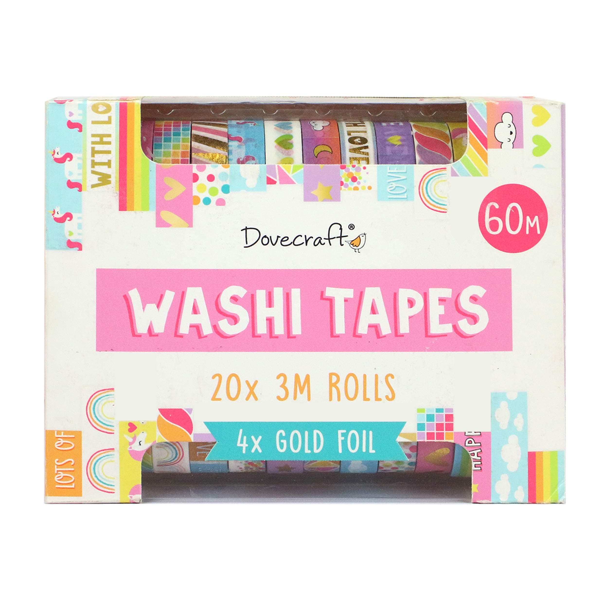 Dovecraft Washi Tape Box-20 Designs-Brights-10mm Width-3m Rolls-Includes Storage Box-for Crafts, Stationery, Journaling, Home Décor, Paper, Multicolour, One Size