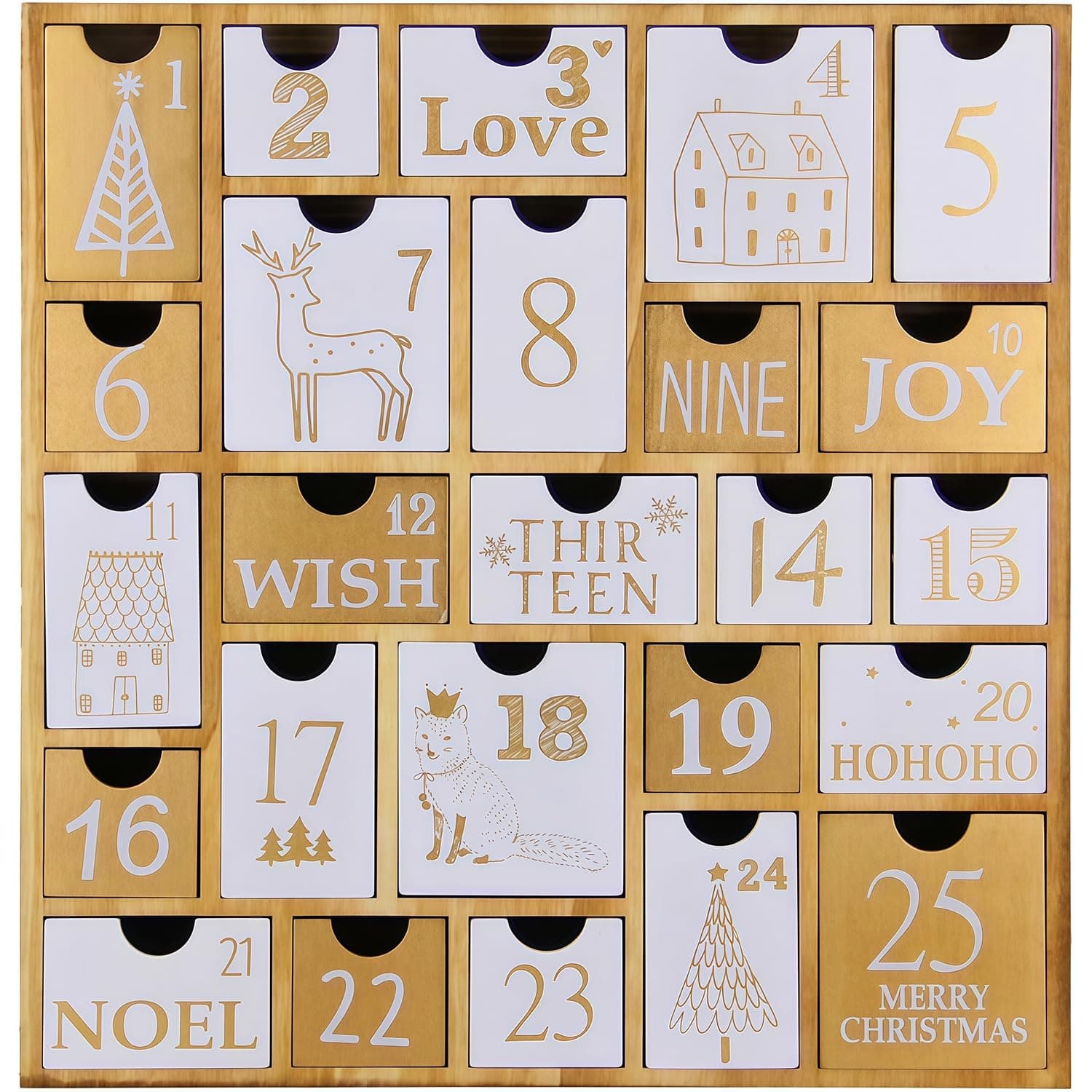 Juegoal Advent Calendar with 25 Drawers Countdown to Christmas, Refillable Wooden Advent Xmas Gift for Kids, 12 Inches Tall