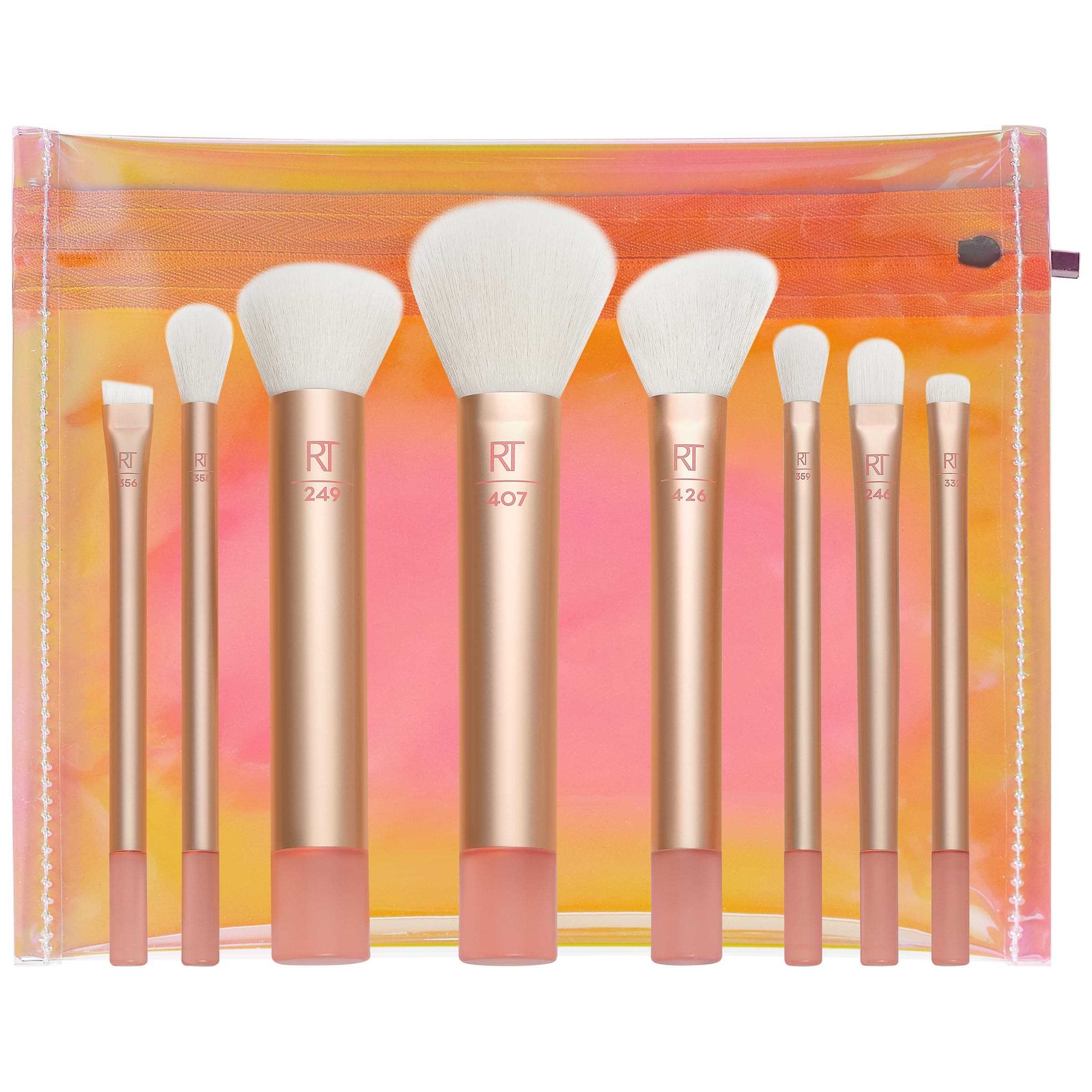 Real Techniques The Wanderer Makeup Brushes Kit Premium Professional Brush Set Soft Bristles for Foundation, Powder, Concealer, 9 Pieces, Gold