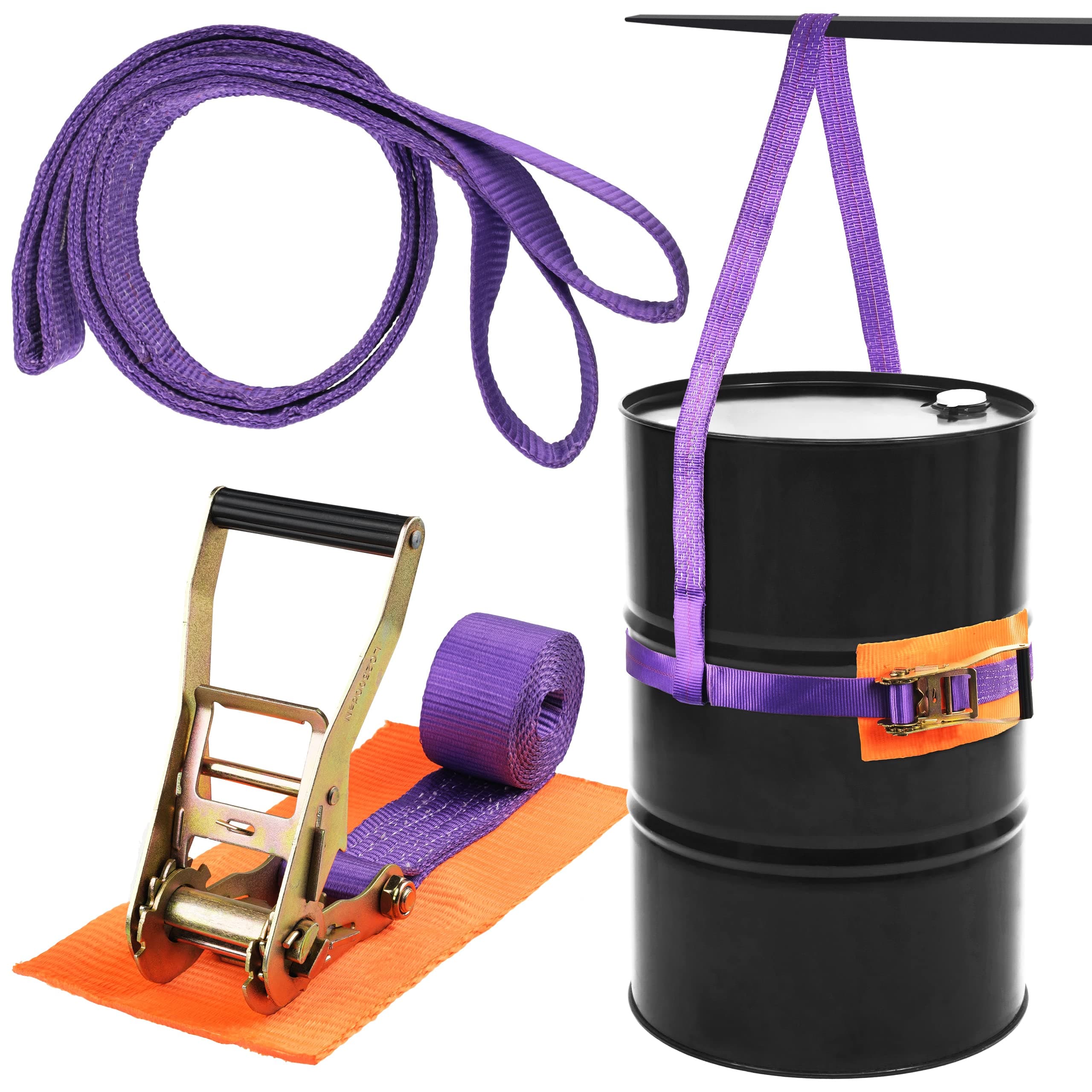 Drum Handling Sling Heavy-Duty Barrel Lifting Rachet Strap for 55 Gallon Drum Capacity up to 1000lb with Protector