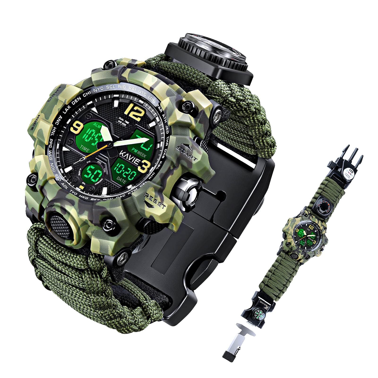Mens Tactical Military Digital Watch, 23-in-1 Survival Multi-Functional Army Outdoors Waterproof Camouflage Sports Watches Dual Display Analog LED Electronic Wristwatches with Compass Paracord Band