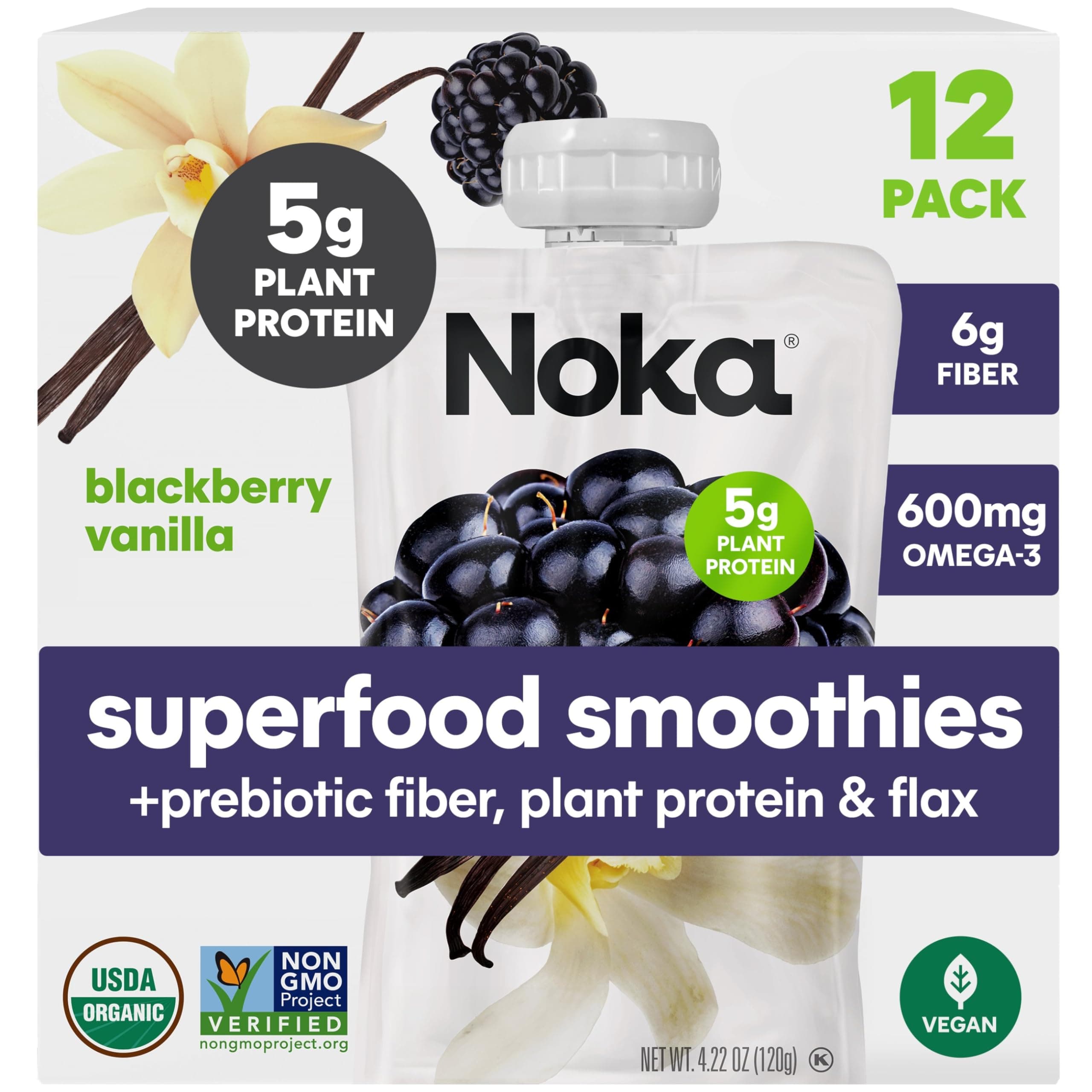 Noka Superfood Fruit Smoothie Pouches, Blackberry Vanilla, Healthy Snacks with Flax Seed, Plant Protein and Prebiotic Fiber, Vegan and Gluten Free Snacks, Organic Squeeze Pouch, 4.22 oz, 12 Count