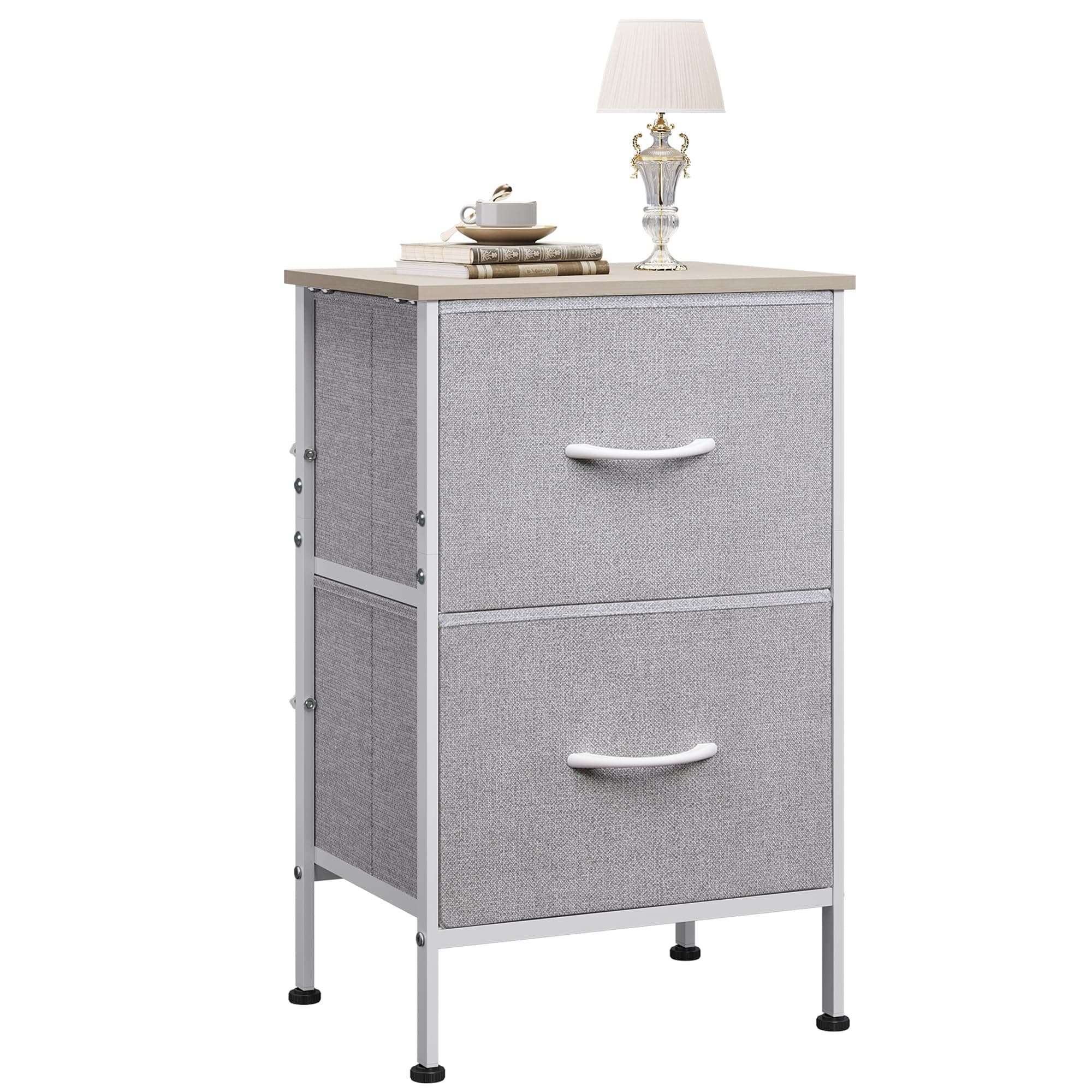 WLIVE Nightstand, Nightstand with 2 Drawers, Bedside Furniture, Night Stand, Small Dresser for Bedroom, College Dorm, End Table with Fabric Bins, Dormitory, Light Grey, Size L