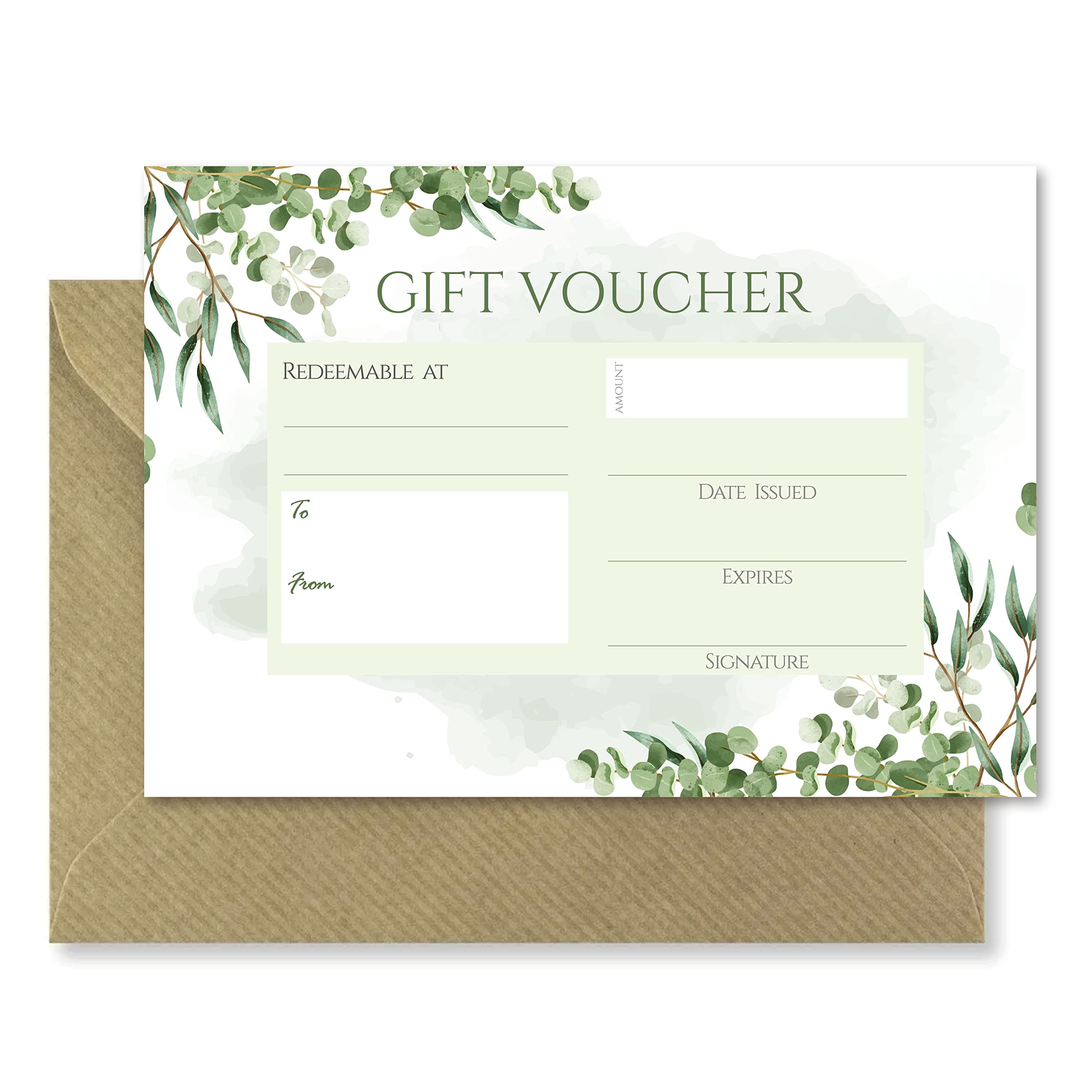 10 x Blank Green Botanical Gift Vouchers & Envelopes - Double Sided Watercolour Leaf Design Tokens - Salon, Beauty, Hair, Massage, Lashes, Nails