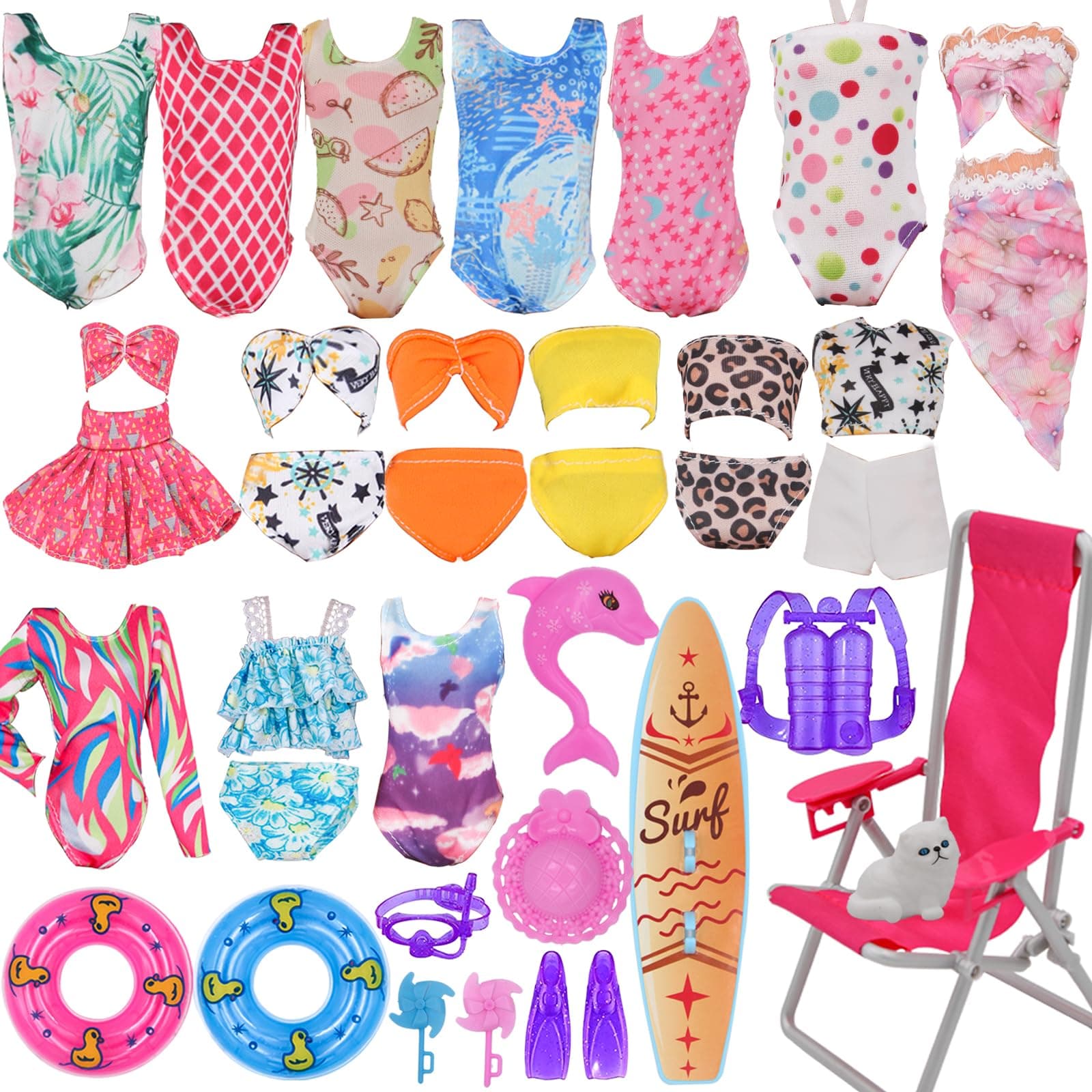 EuTengHao 36Pcs Girl Dolls Clothes Swimsuit Bikini for 11.5 inch Girl Dolls, Doll Bikini and Accessories with Diving Swimming Set Lifebuoys Beach Chair Skateboard Dolphins