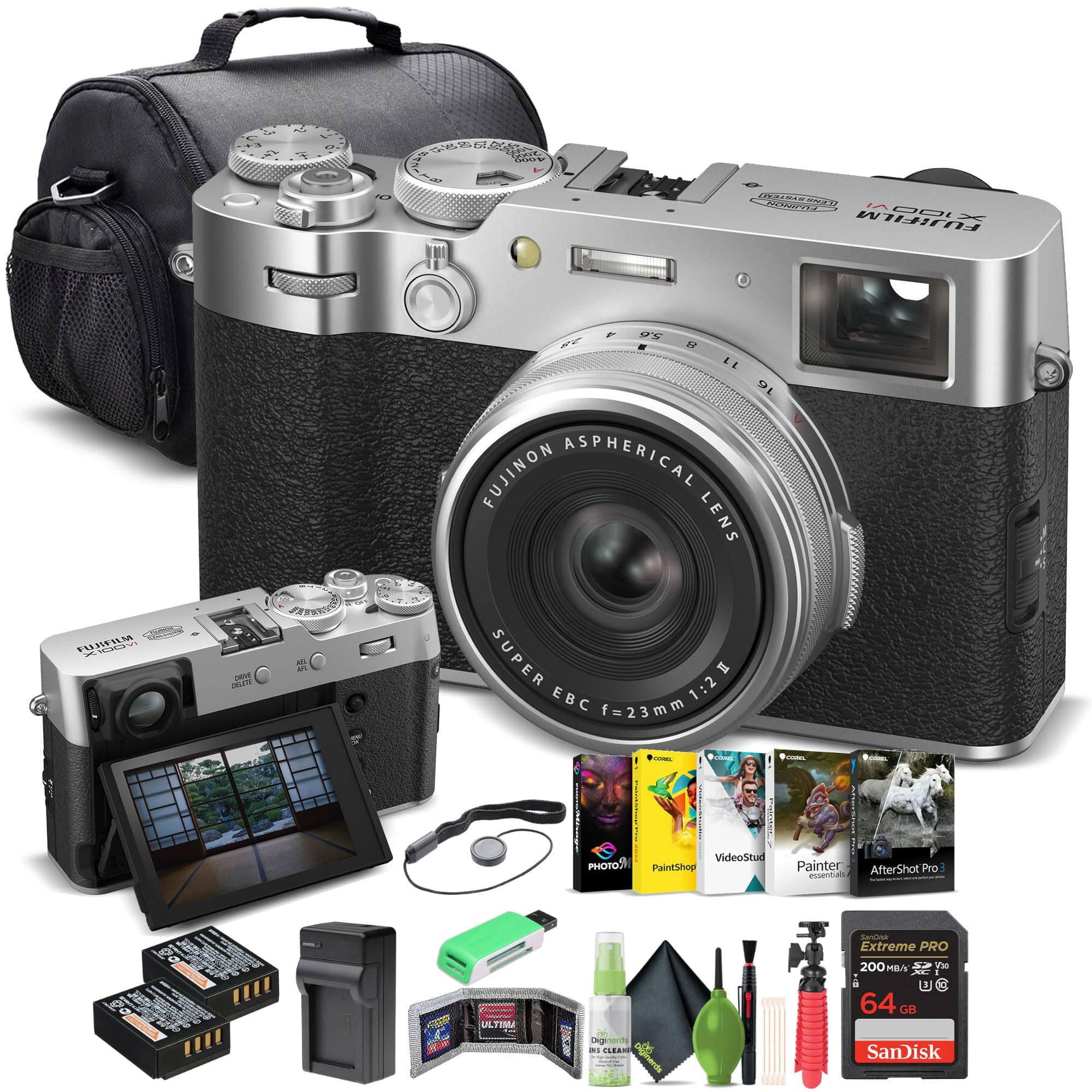 X100VI Digital Camera (Silver) (16821822) + 64GB Card + Card Reader + NP-W126 Battery + Charger + Photo Software + Carry Case + Flex Tripod + Memory Card Wallet + Cleaning Kit + Cap Keeper