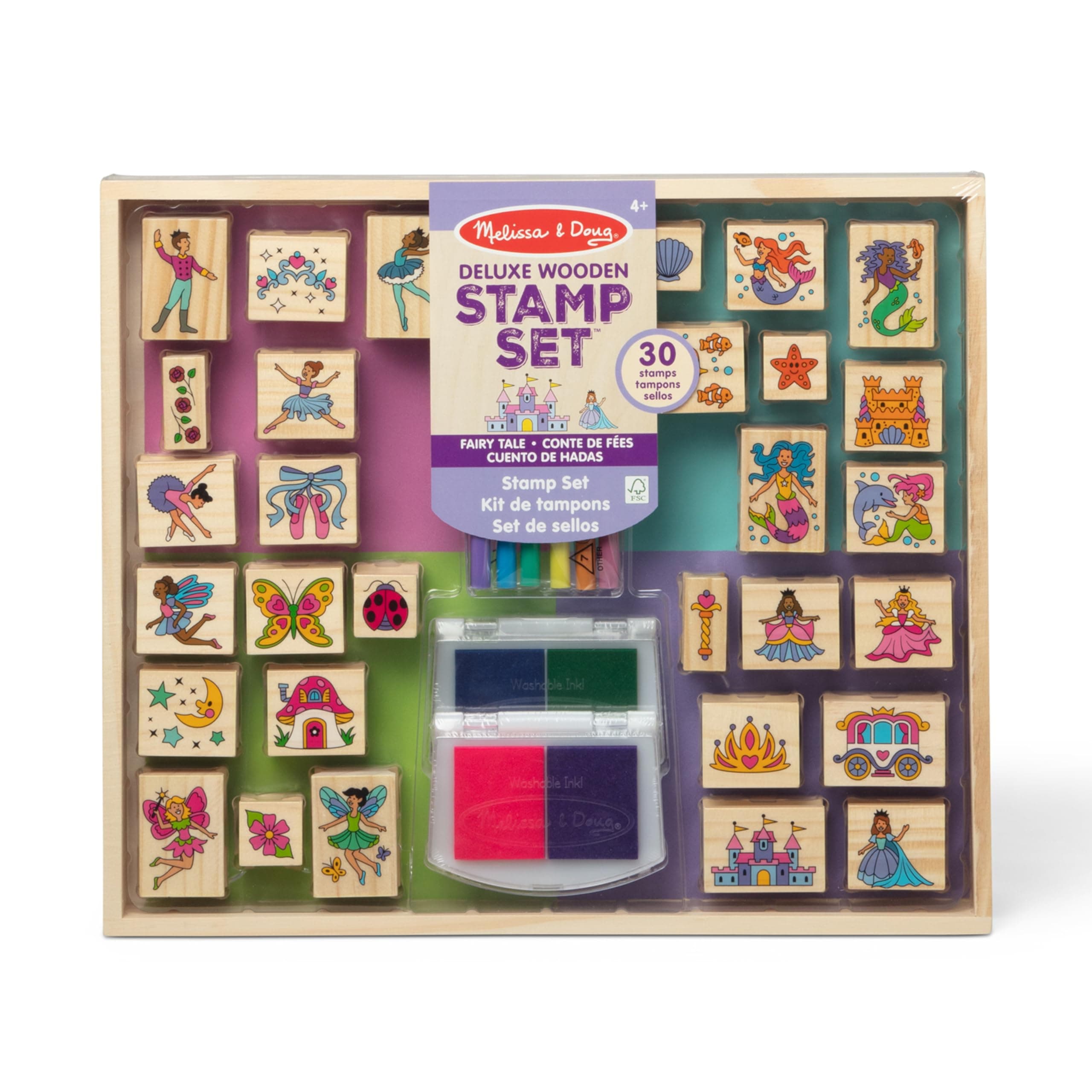 Melissa & Doug Deluxe Wooden Stamp and Coloring Set – Fairy Tale (30 Stamps, 6 Markers, 2 Durable 2-Color Pads) - Fairy Tale-Themed Stamps For Kids Activity Set