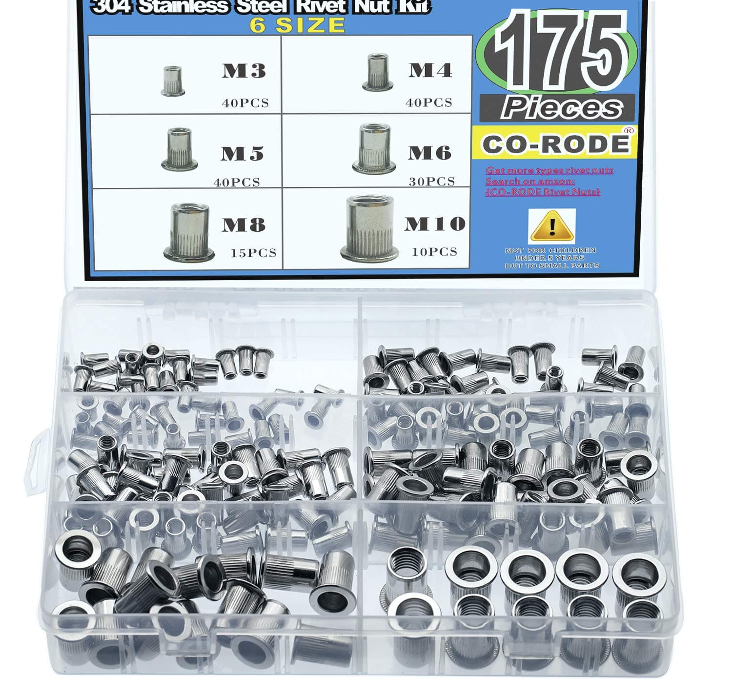 175PCS 304 Stainless Steel Rivet Nut Threaded Rivetnut Insert Nutsert(M3 M4 M5 M6 M8 M10)